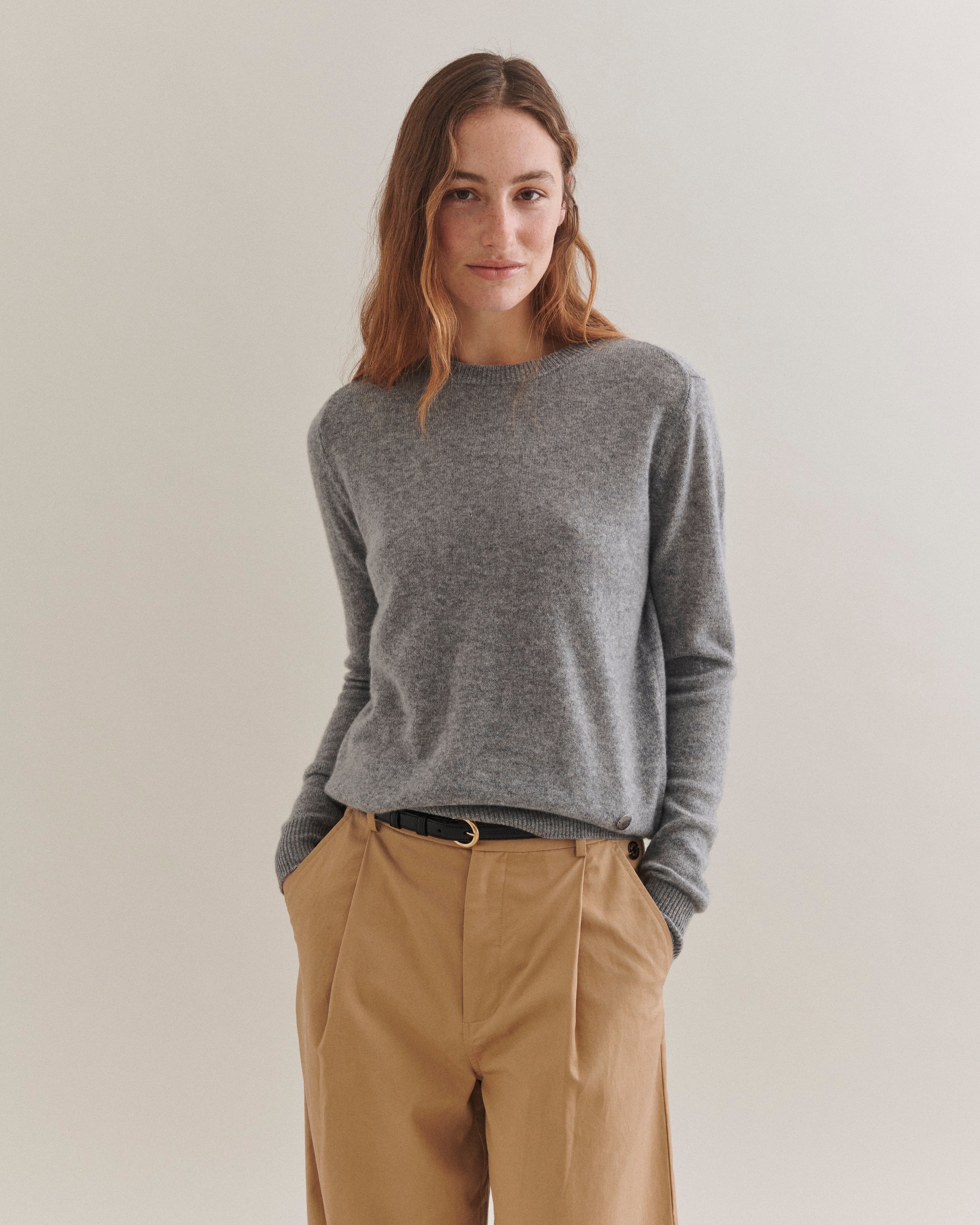 Beta Studios Abbie O-neck Basic Cashmere Tops Grey Melange