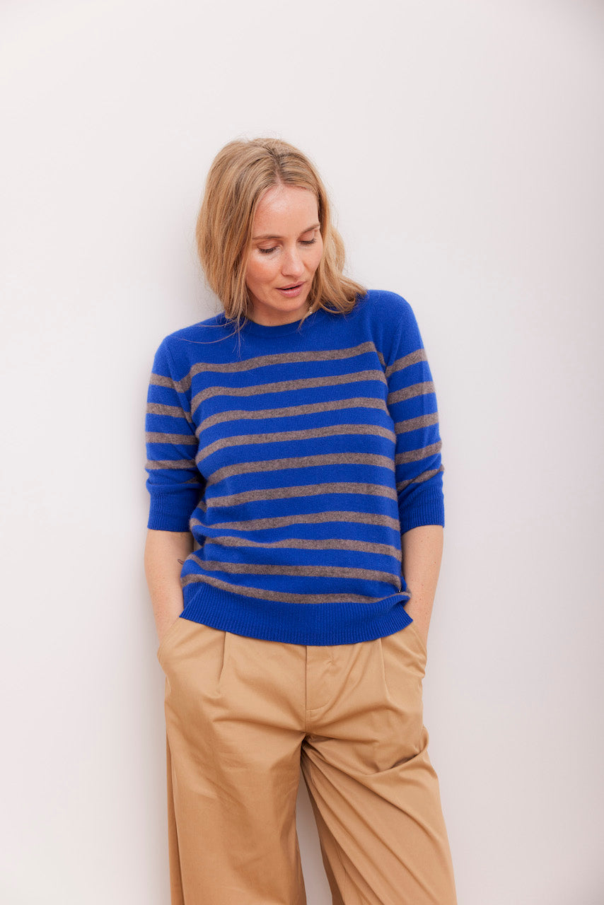Beta Studios Bianca Striped Lady Sleeve Cashmere Tops Azure Blue/Mole