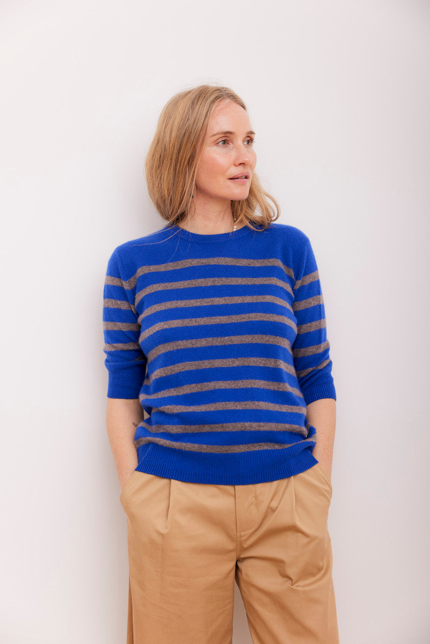 Beta Studios Bianca Striped Lady Sleeve Cashmere Tops Azure Blue/Mole