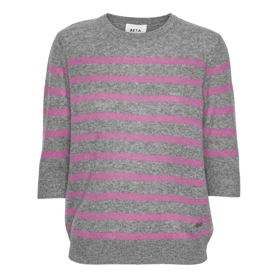 Beta Studios Bianca Striped Lady Sleeve Cashmere Tops Grey melange/Violet