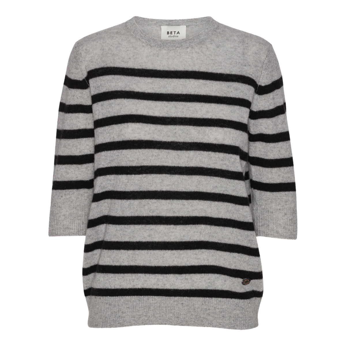 Beta Studios Bianca Striped Lady Sleeve Cashmere Tops Light Grey Melange/Black