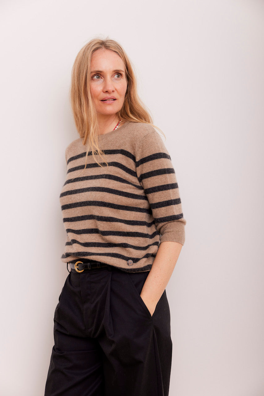 Beta Studios Bianca Striped Lady Sleeve Cashmere Tops Oak Brown/Anthracite Grey