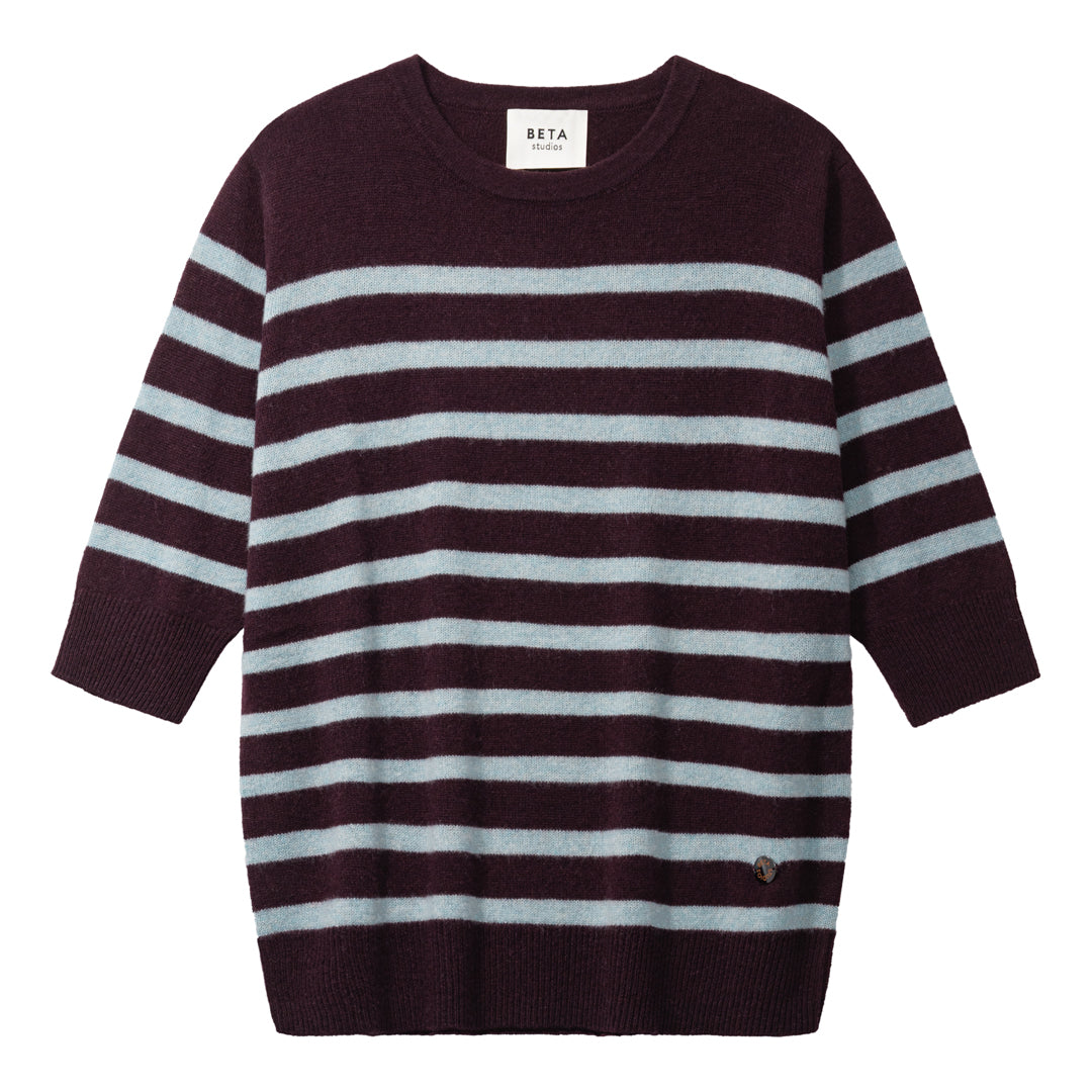 Beta Studios Bianca Striped Lady Sleeve Cashmere Tops Ripe Fig/Pearl Blue