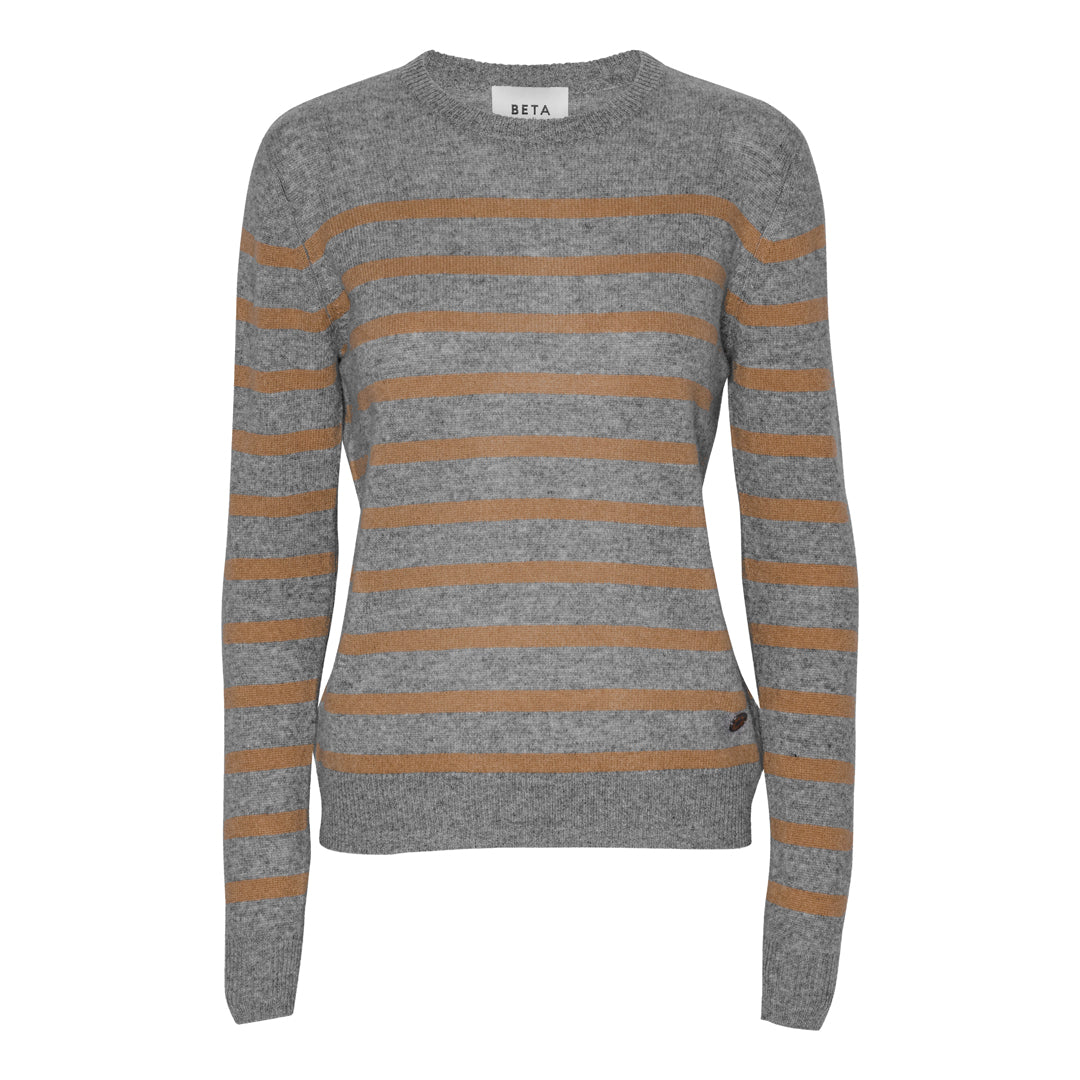 Beta Studios Bibi striped O-neck Cashmere Tops Grey Melange/Camel