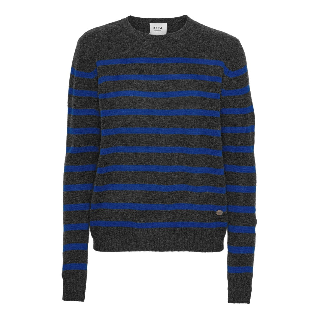 Beta Studios Bibi striped O-neck Cashmere Tops Anthracite Grey/Azura Blue