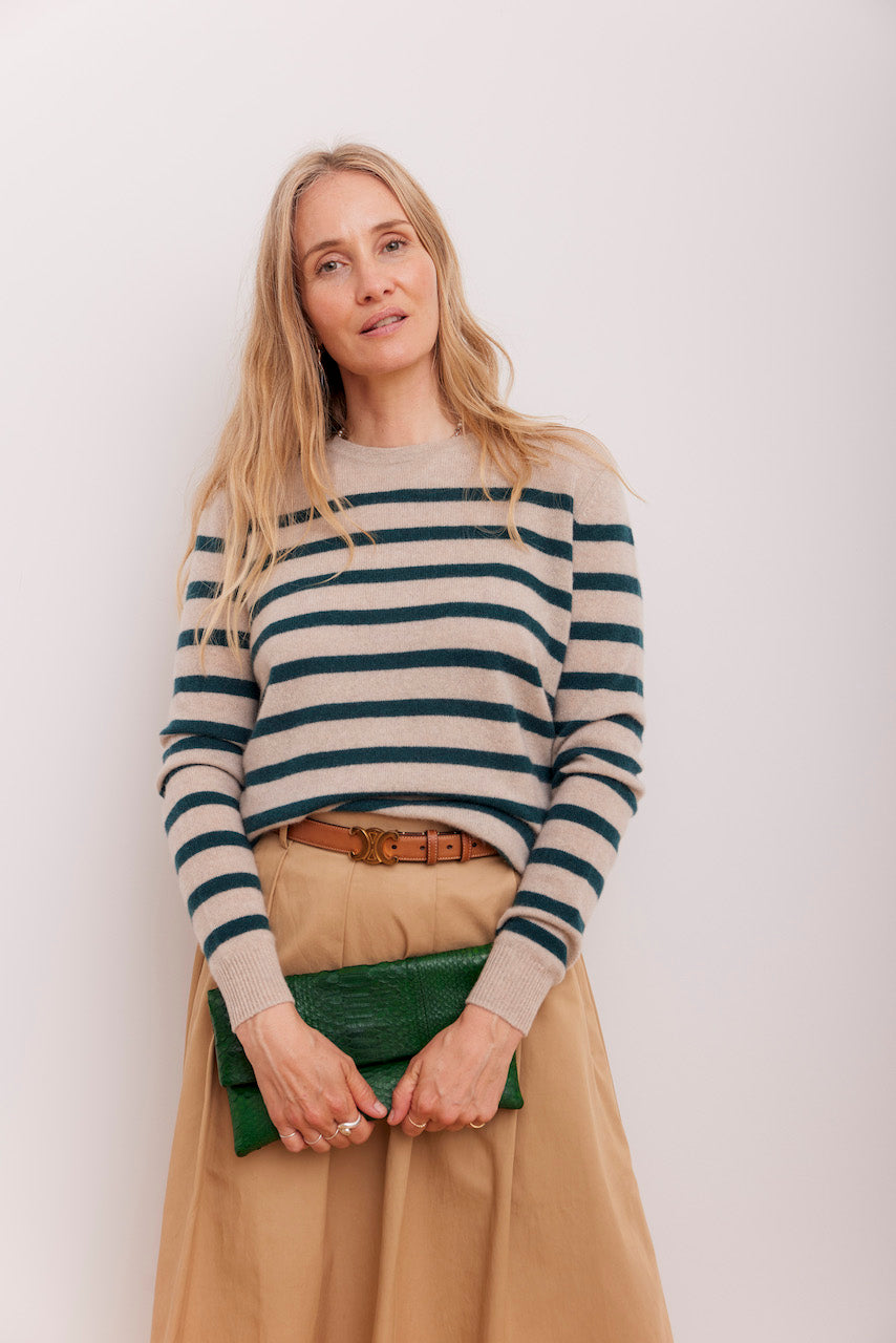 Beta Studios Bibi striped O-neck Cashmere Tops Sand Melange/Botanic Green