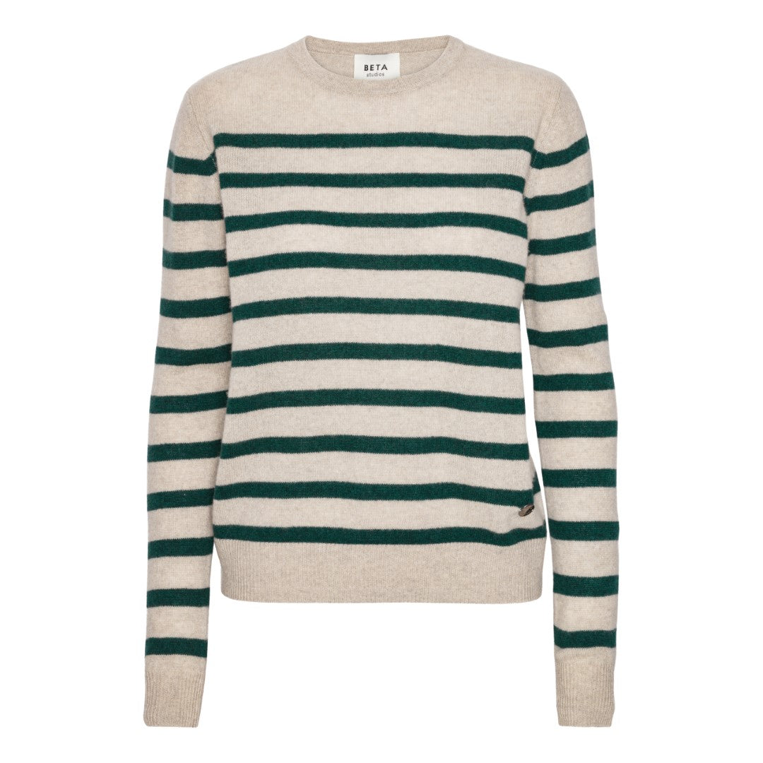 Beta Studios Bibi striped O-neck Cashmere Tops Sand Melange/Botanic Green