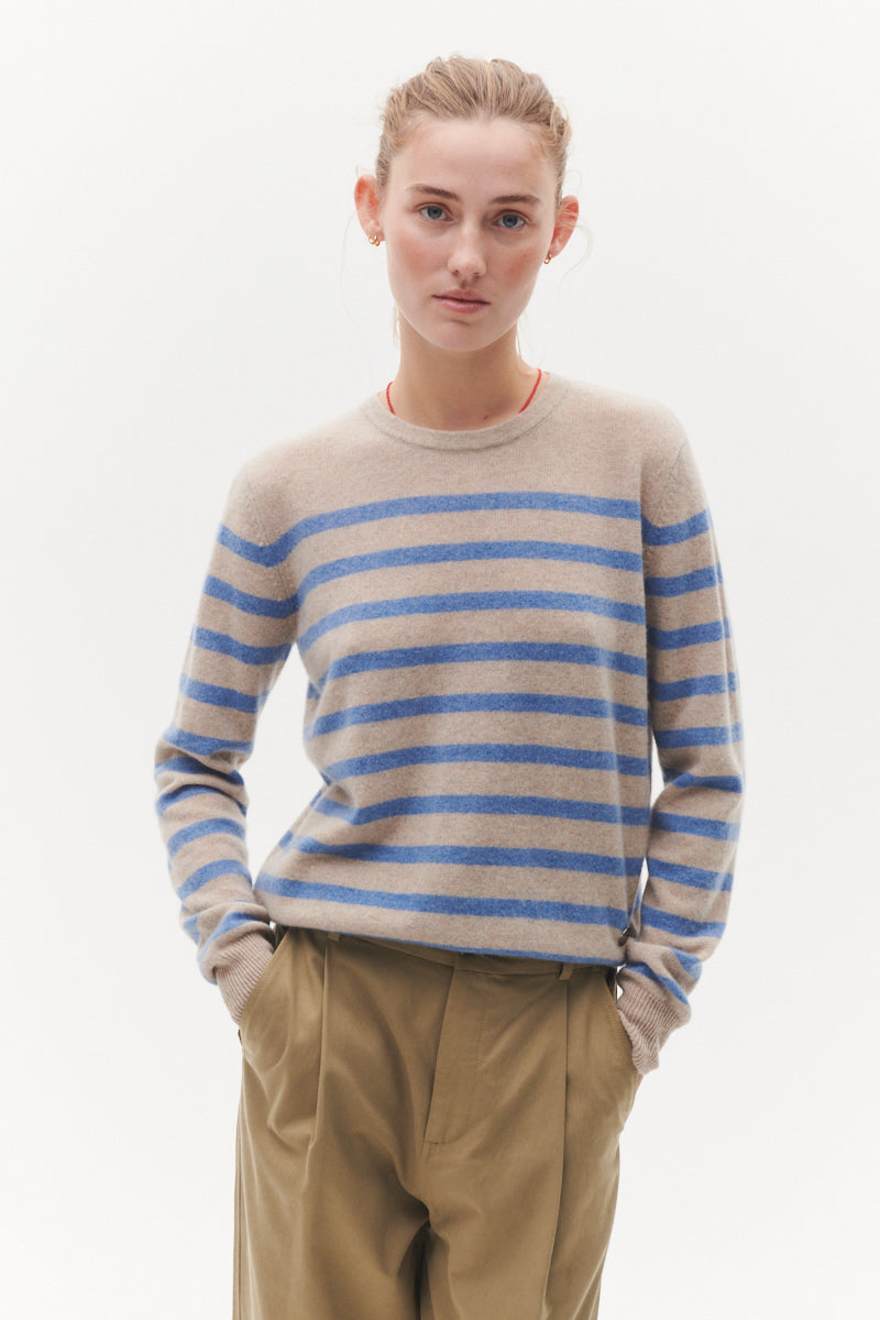 Beta Studios Bibi striped O-neck Cashmere Tops Sand Melange/Turtle Dove Blue