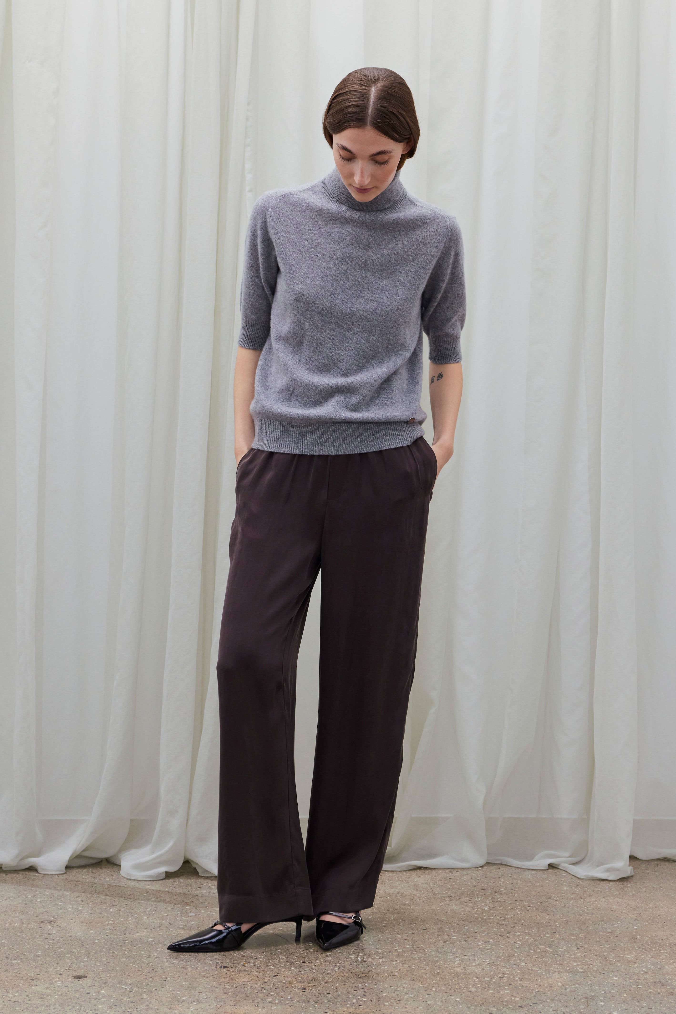 Beta Studios Jamaica Lady Sleeve High Neck Cashmere Tops Grey Melange