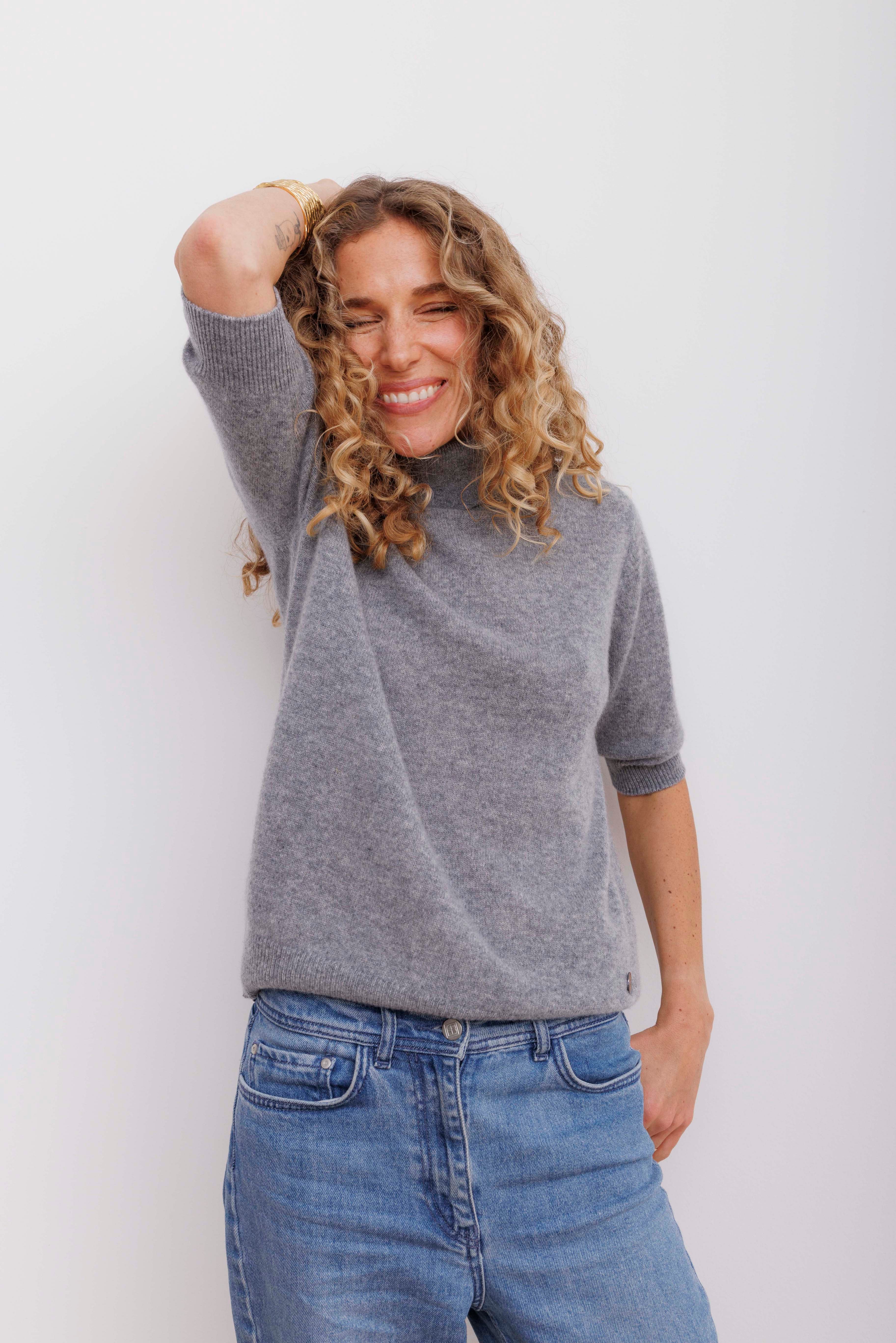 Beta Studios Jamaica Lady Sleeve High Neck Cashmere Tops Grey Melange