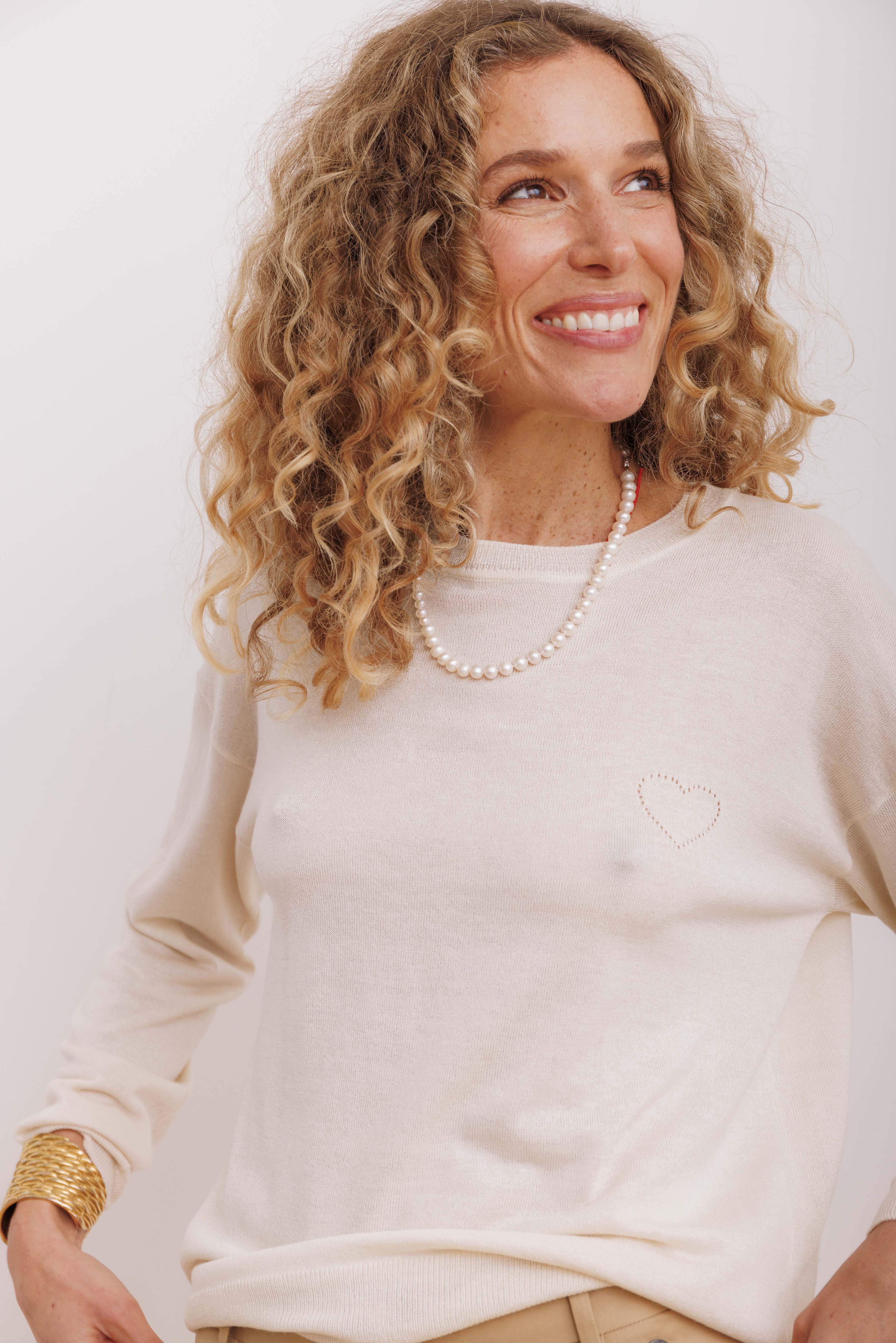 Beta Studios Kamille Heart Long Sleeve Silk/CashmereTops Almost White