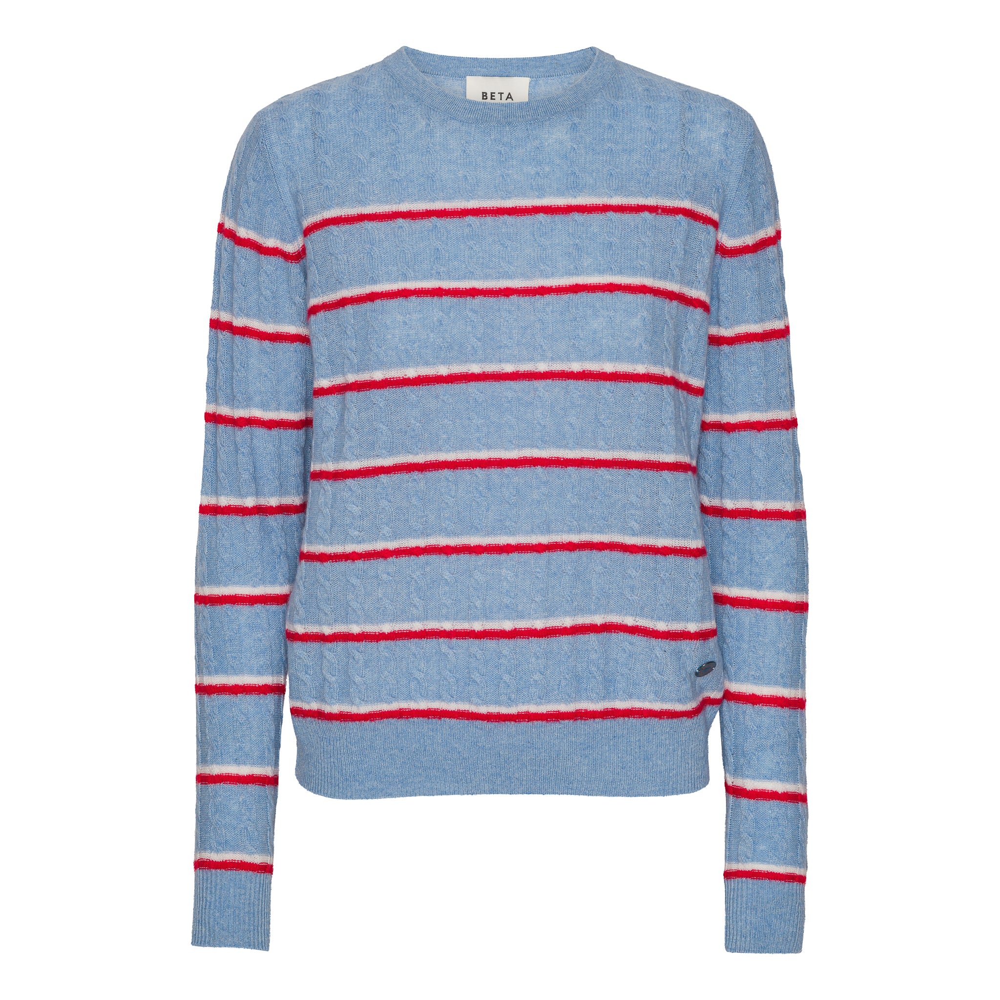 Beta Studios Kenya Stripe O-Neck Cashmere Tops Powder Blue/Almost White/Red