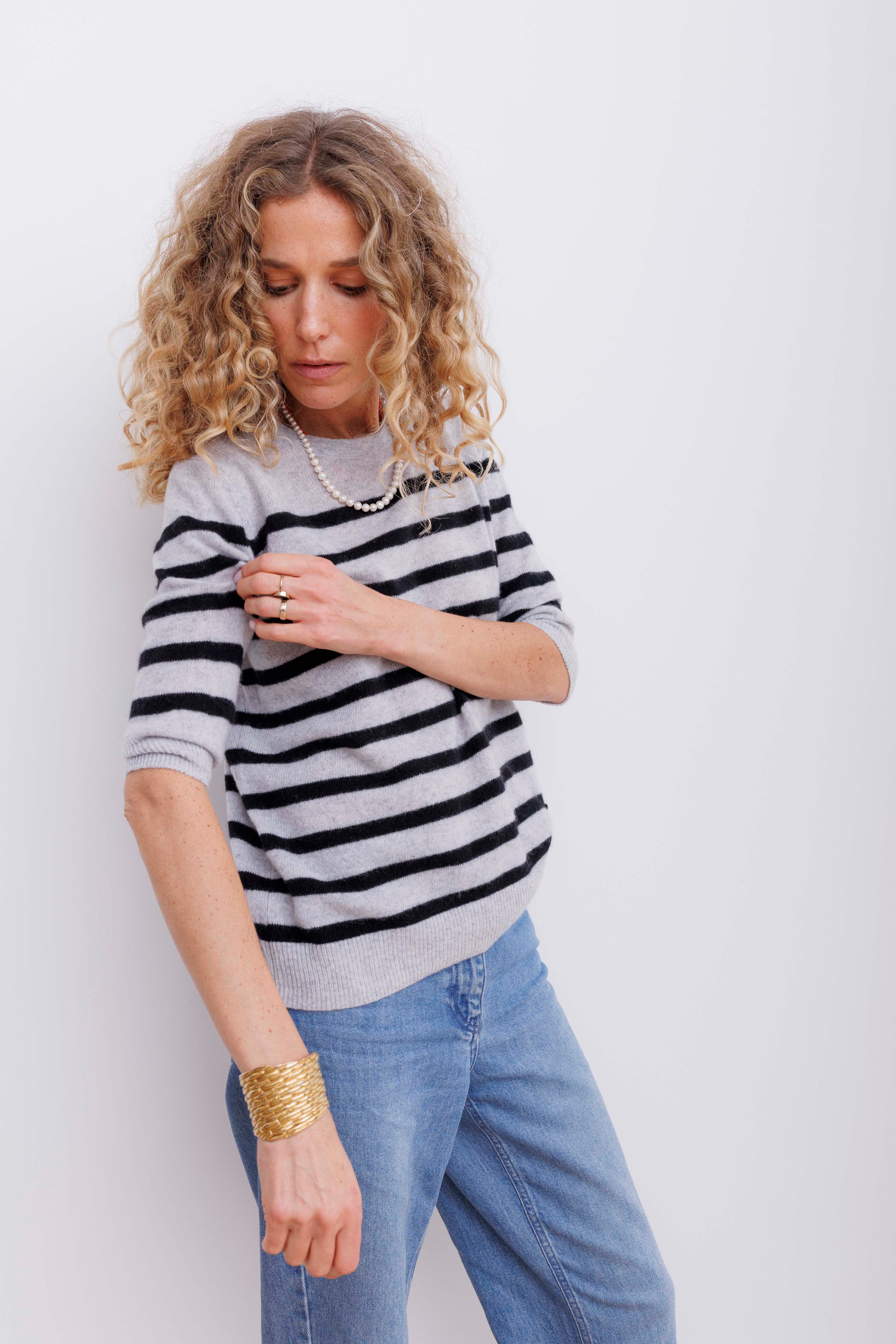 Beta Studios Bianca Striped Lady Sleeve Cashmere Tops Light Grey Melange/Black