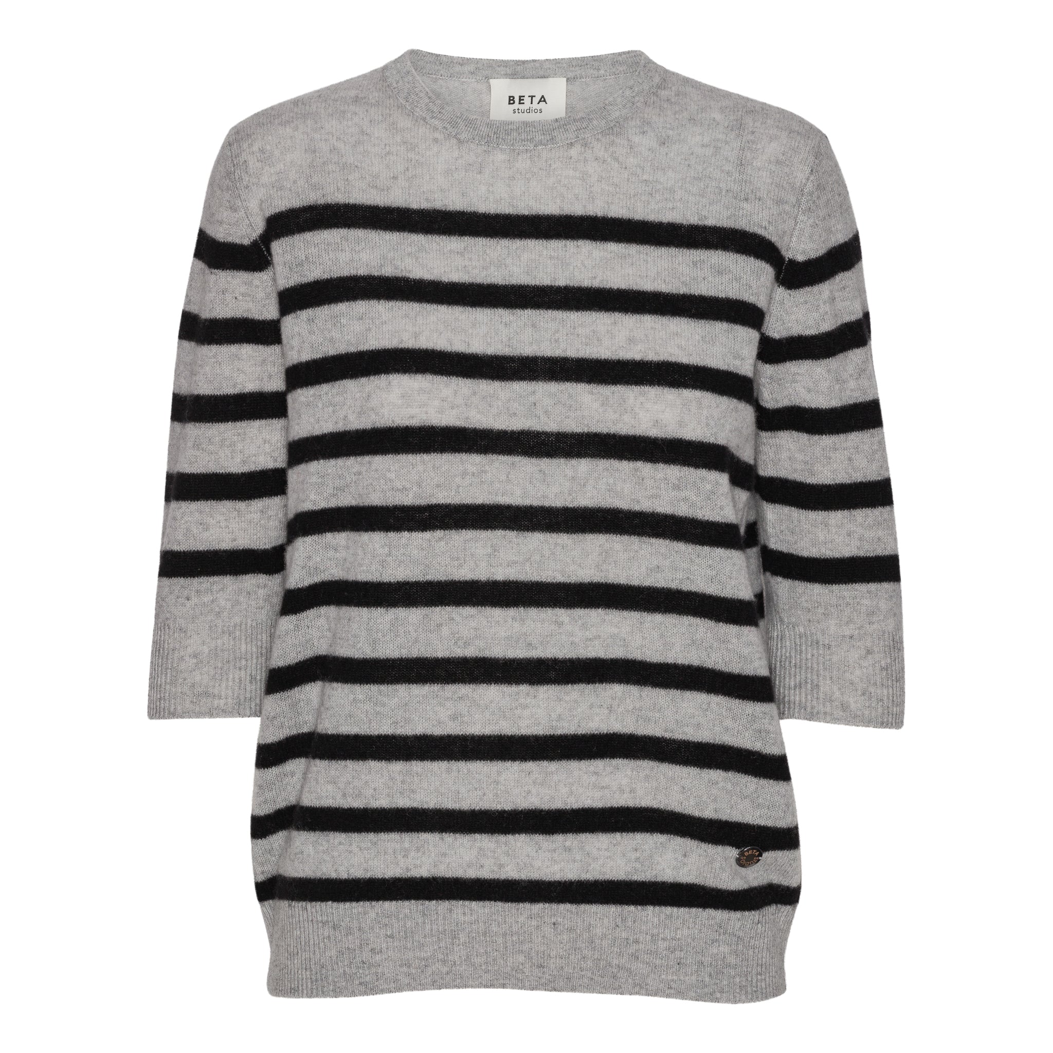 Beta Studios Bianca Striped Lady Sleeve Cashmere Tops Light Grey Melange/Black