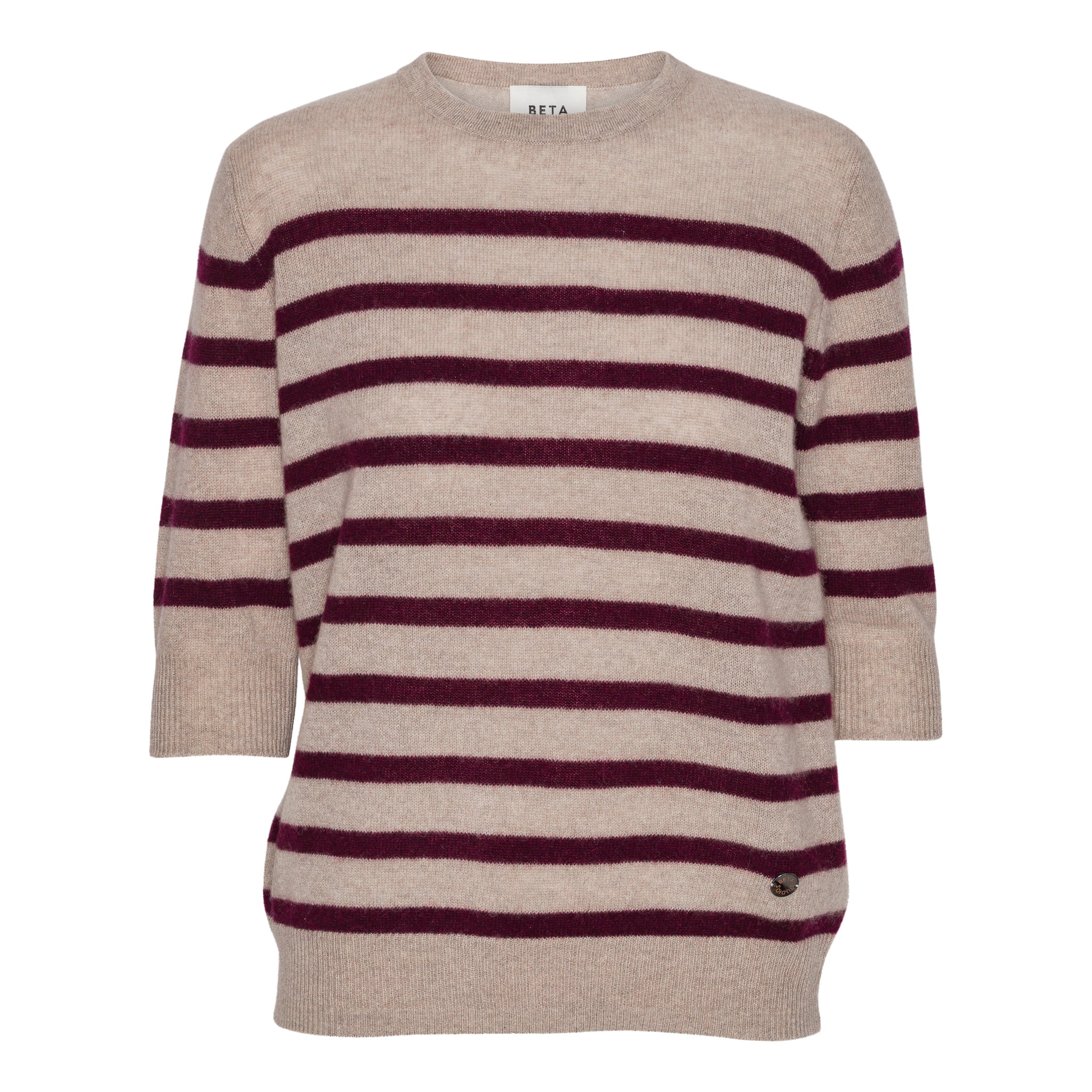 Beta Studios Bianca Striped Lady Sleeve Cashmere Tops Sand Melange/ Egg Plant