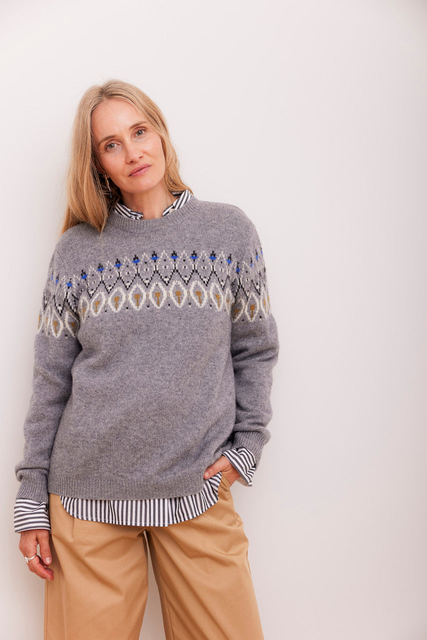 Beta Studios Leandra O-Neck Intarsia Uld/Cashmere Tops Grey Melange