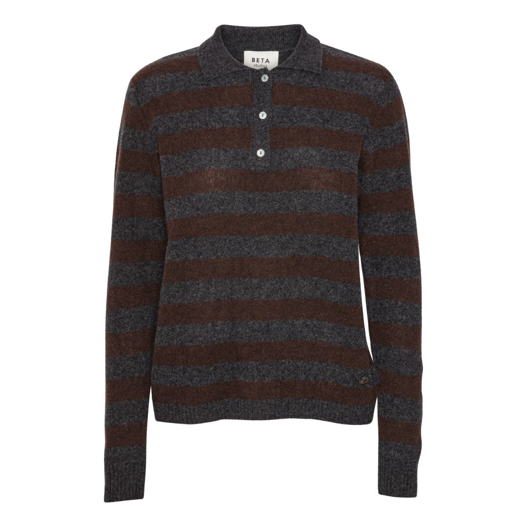 Beta Studios Lizzie Polo Stripes Cashmere Tops Anthracite Grey/Coffee Brown