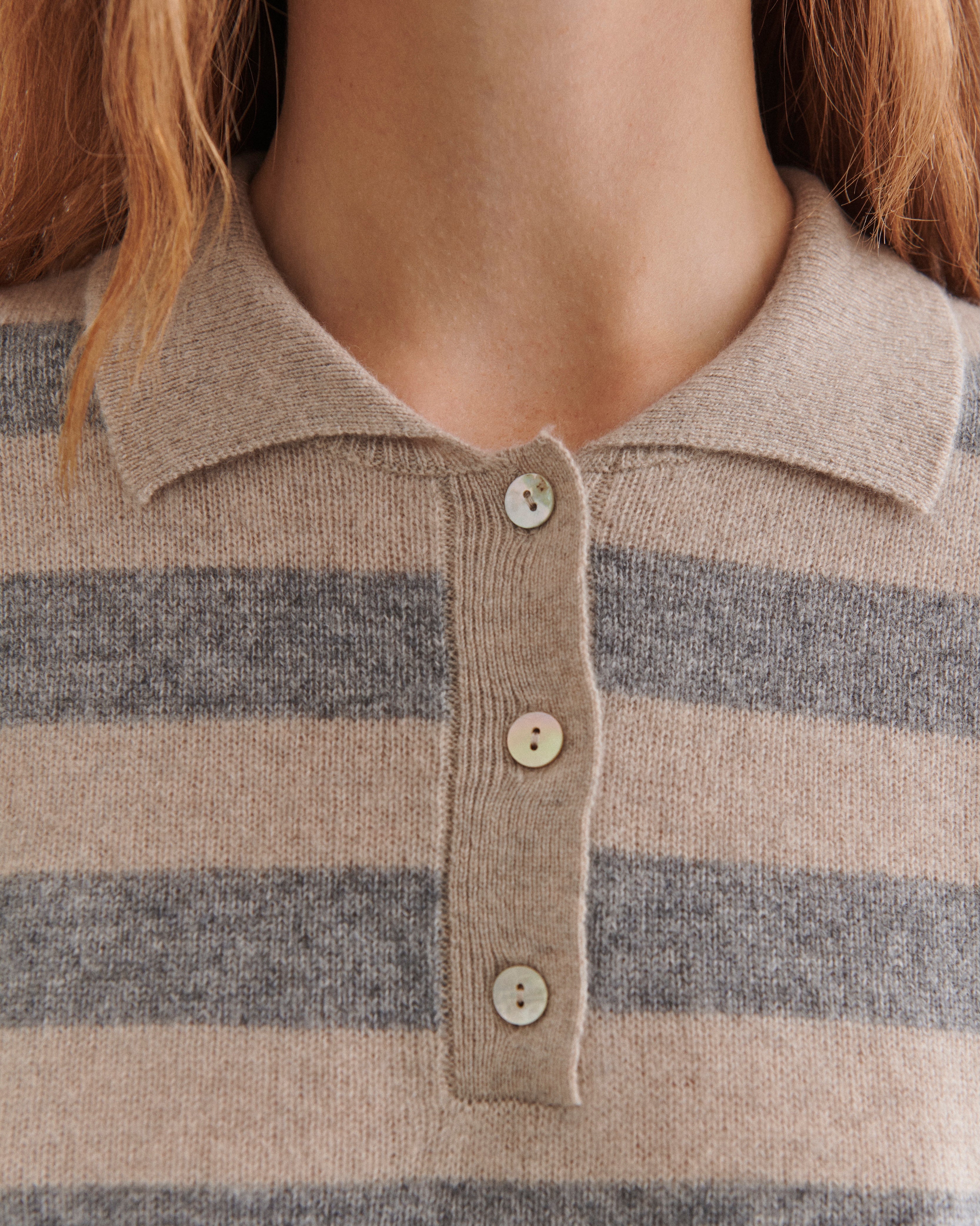 Beta Studios Lizzie Polo Stripes Cashmere Tops Sand Melange/Grey melange
