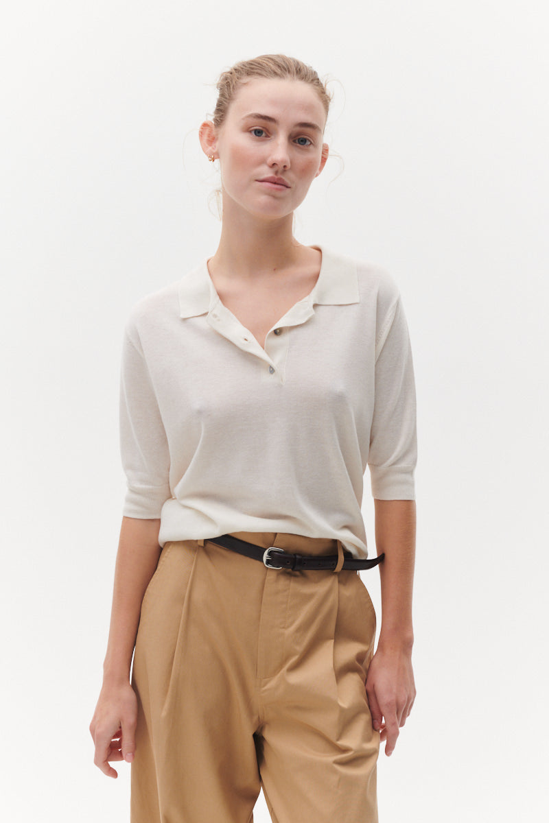 Beta Studios Maja Polo Silk/CashmereTops Egret White