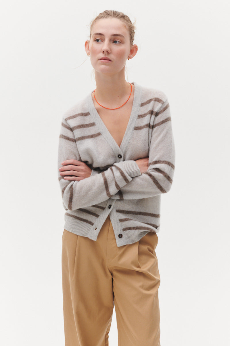 Beta Studios Malou Stripe Cardigan Cashmere/Silk Top Funghi Brown/Antarctica Grey