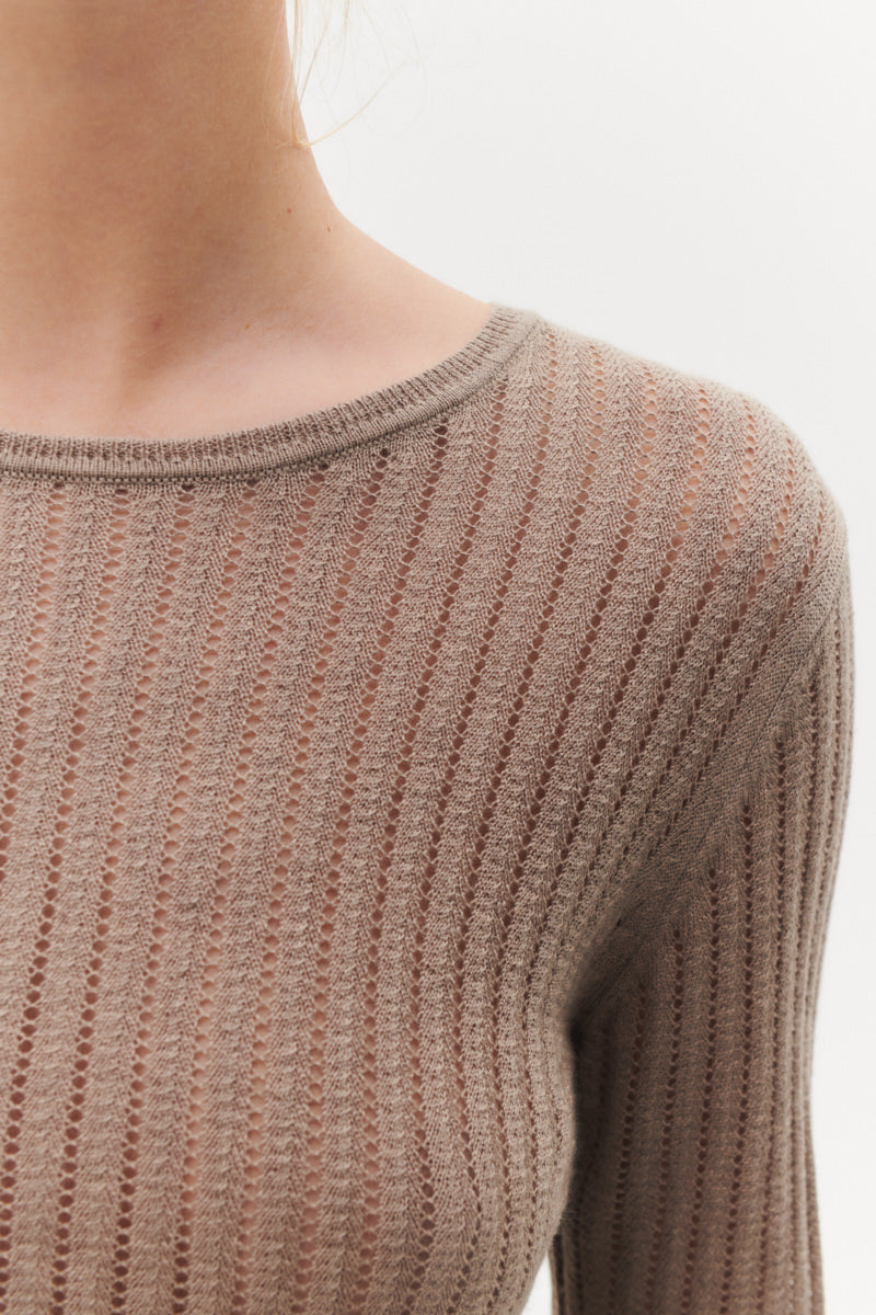 Beta Studios Manon Long Sleeve Pointelle Silk/CashmereTops Aluminium