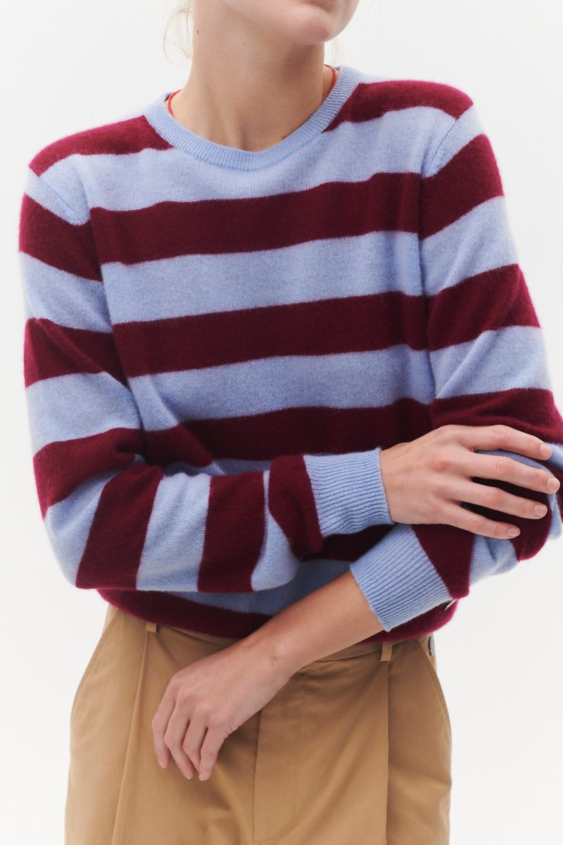 Beta Studios Margot Stripe O-Neck Cashmere Tops Cerulean Blue/Pomegranate