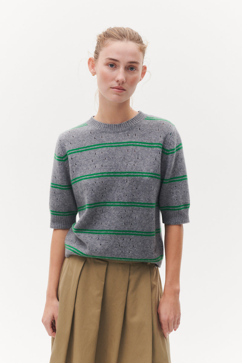 Beta Studios Mille Short Sleeve Uld/Cashmere Tops Grey Melange/Emerald