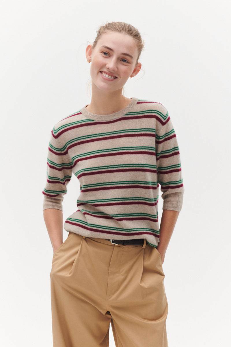 Beta Studios Mini Stripes Lady Sleeve Cashmere Tops Sand Melange/Pomegranate/Fir Green