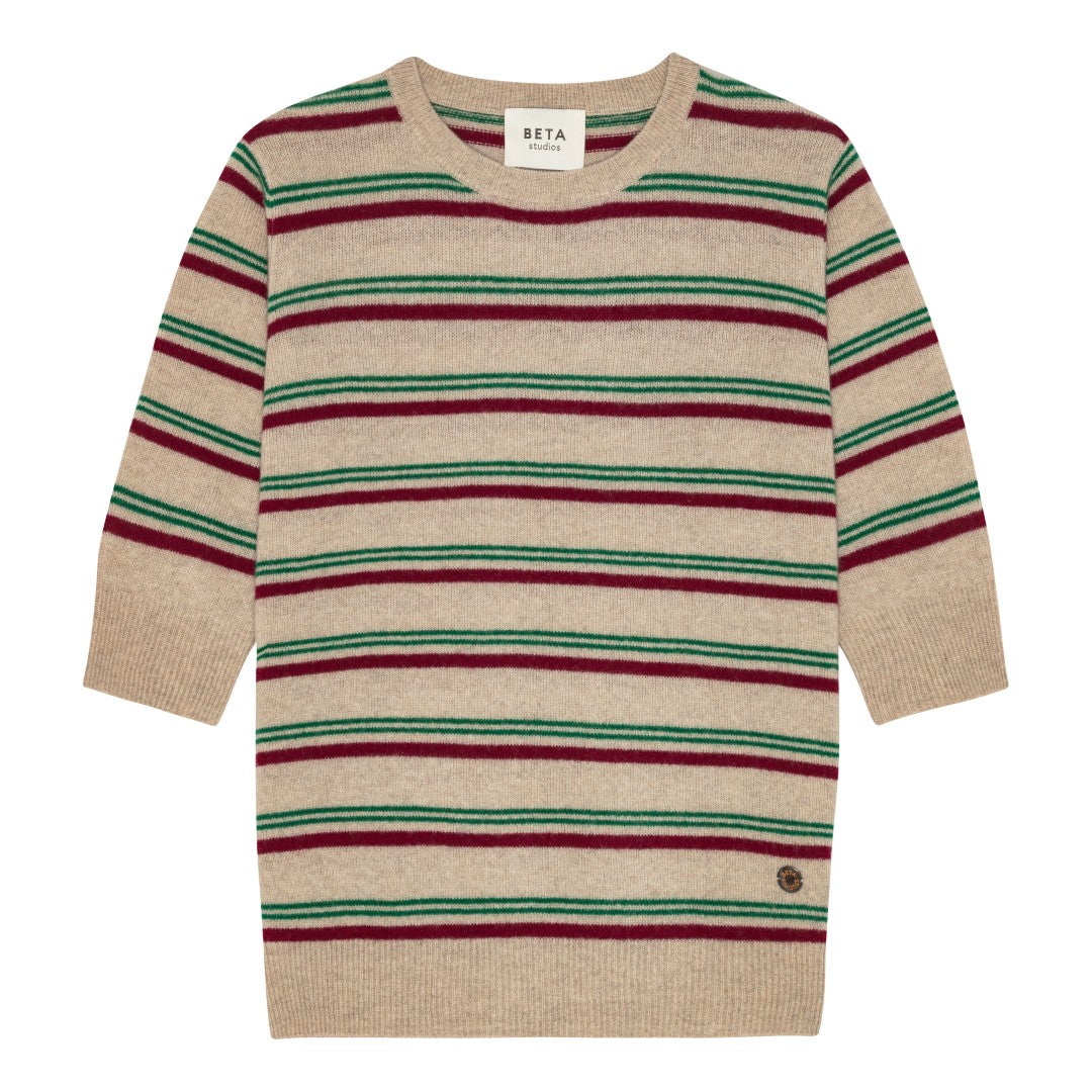 Beta Studios Mini Stripes Lady Sleeve Cashmere Tops Sand Melange/Pomegranate/Fir Green