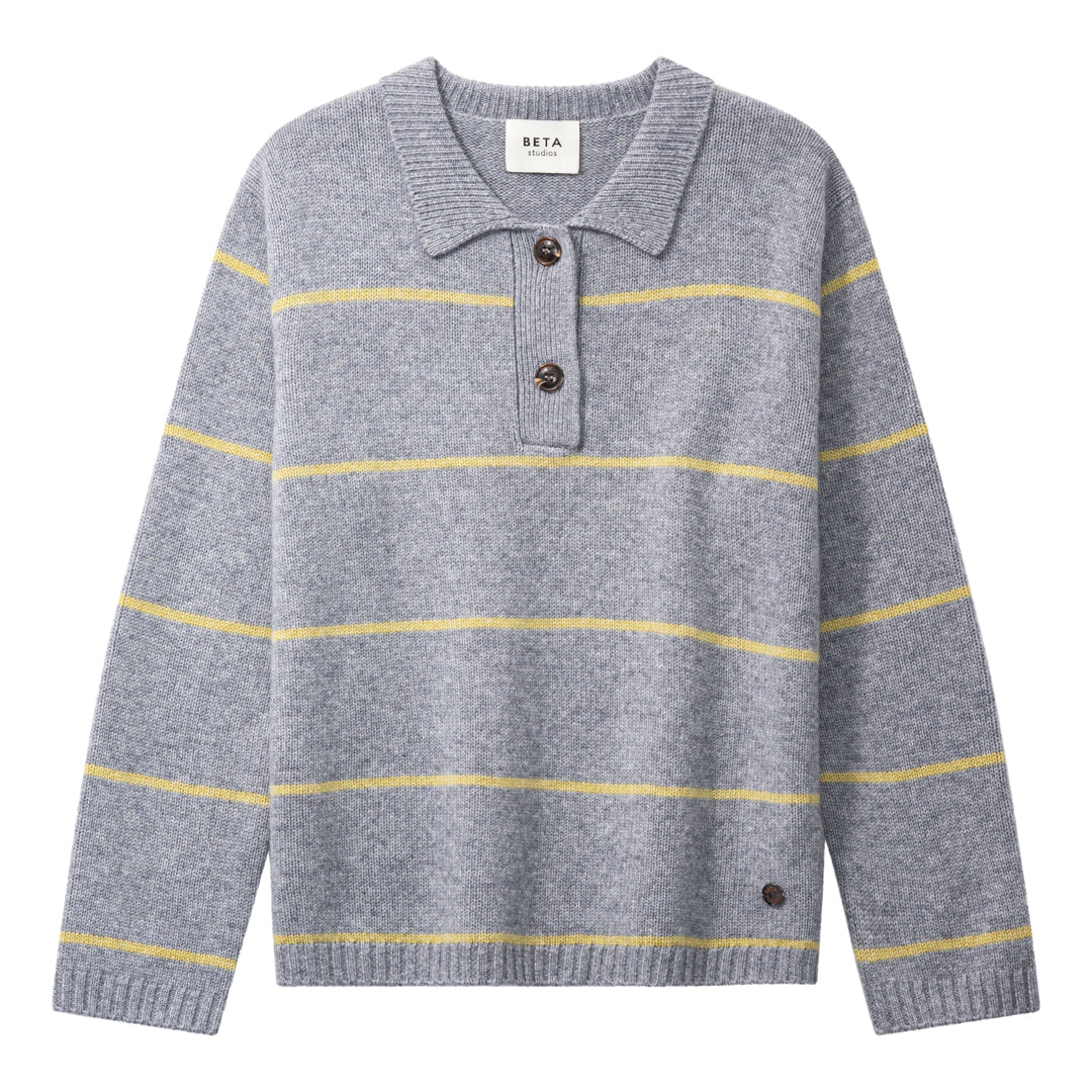 Beta Studios Naomi Striped Polo Uld/Cashmere Tops Grey Melange/Limelight