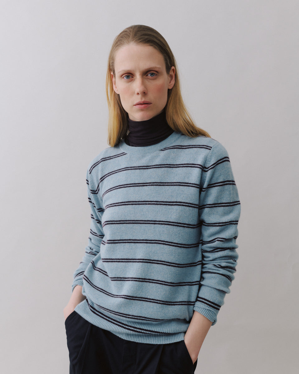 Beta Studios Noa O_neck Stripe Cashmere Tops Pearl Blue/Ripe Fig