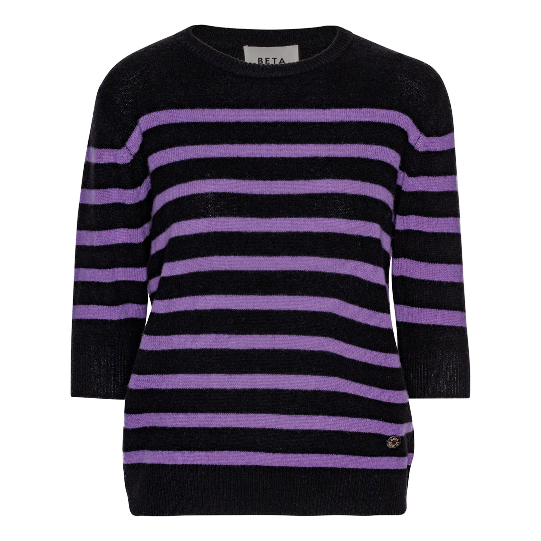Beta Studios Bianca Striped Lady Sleeve Cashmere Tops Black/Deep Lavender