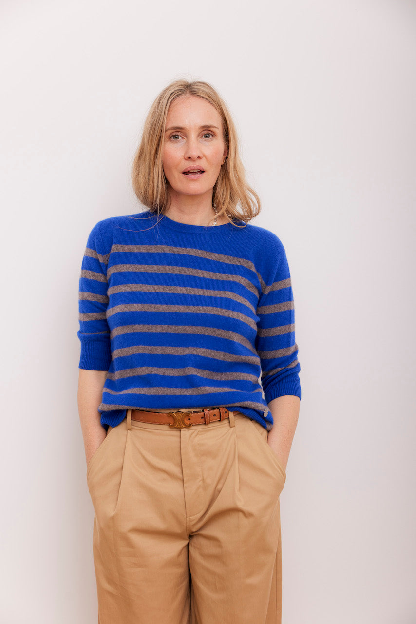 Beta Studios Bianca Striped Lady Sleeve Cashmere Tops Azure Blue/Mole