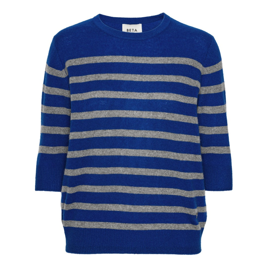 Beta Studios Bianca Striped Lady Sleeve Cashmere Tops Azure Blue/Mole