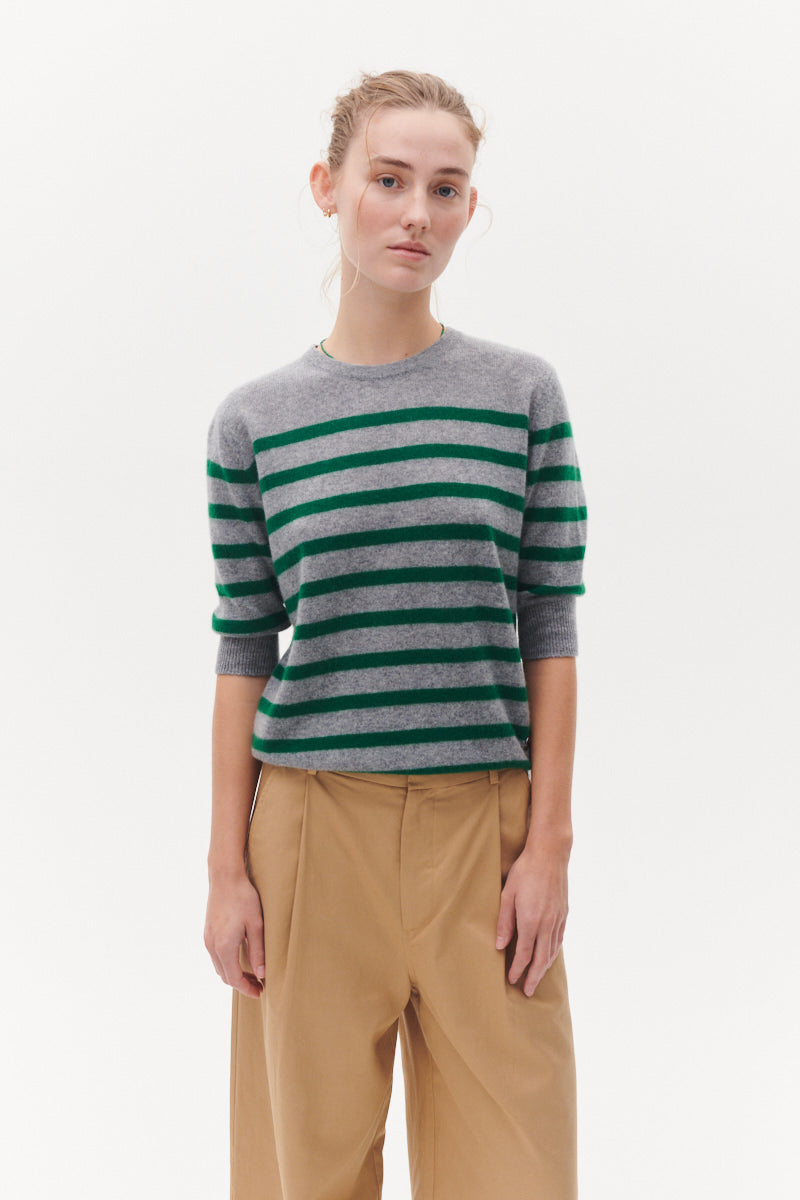 Beta Studios Bianca Striped Lady Sleeve Cashmere Tops Grey Melange/Fir Green