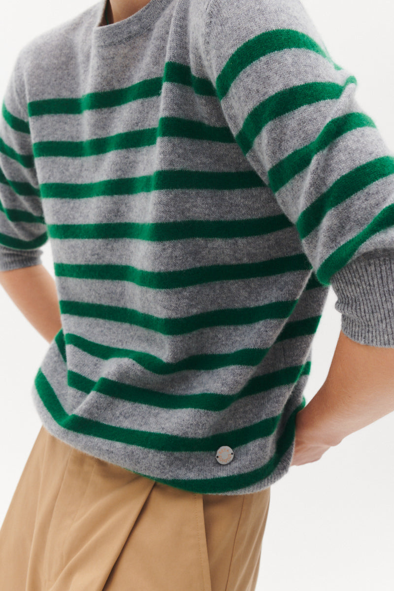 Beta Studios Bianca Striped Lady Sleeve Cashmere Tops Grey Melange/Fir Green