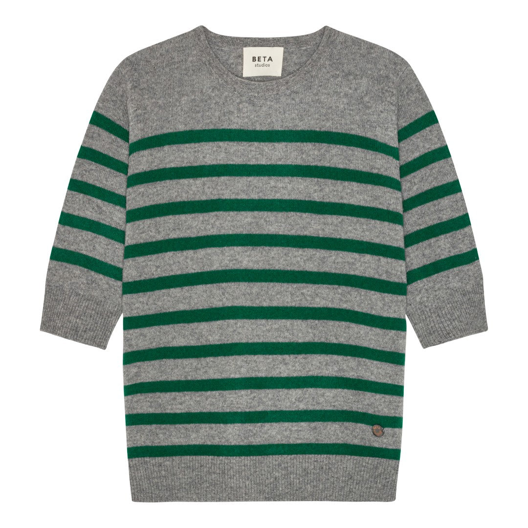 Beta Studios Bianca Striped Lady Sleeve Cashmere Tops Grey Melange/Fir Green