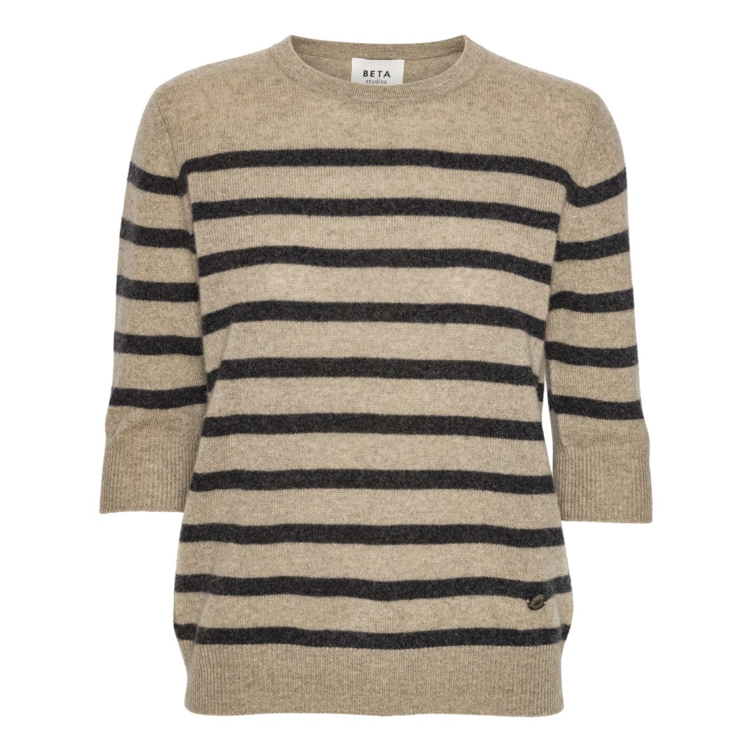 Beta Studios Bianca Striped Lady Sleeve Cashmere Tops Oak Brown/Anthracite Grey