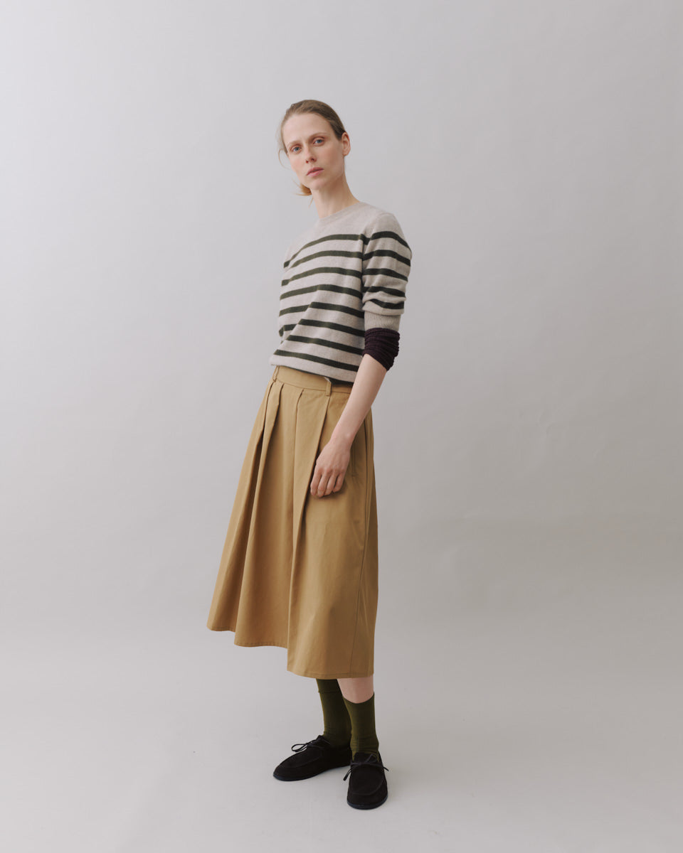 Beta Studios Bianca Striped Lady Sleeve Cashmere Tops Sand Melange/Topiary Green