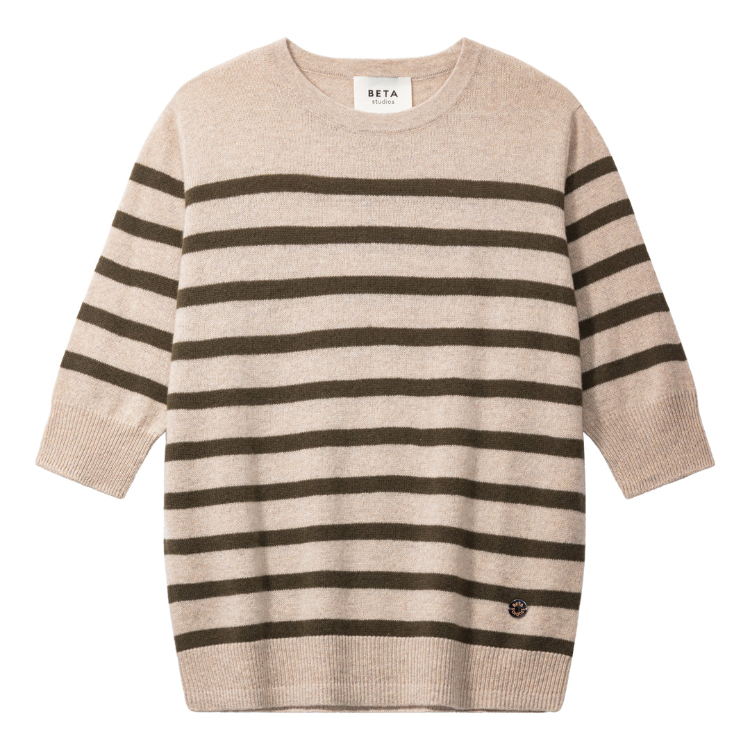 Beta Studios Bianca Striped Lady Sleeve Cashmere Tops Sand Melange/Topiary Green