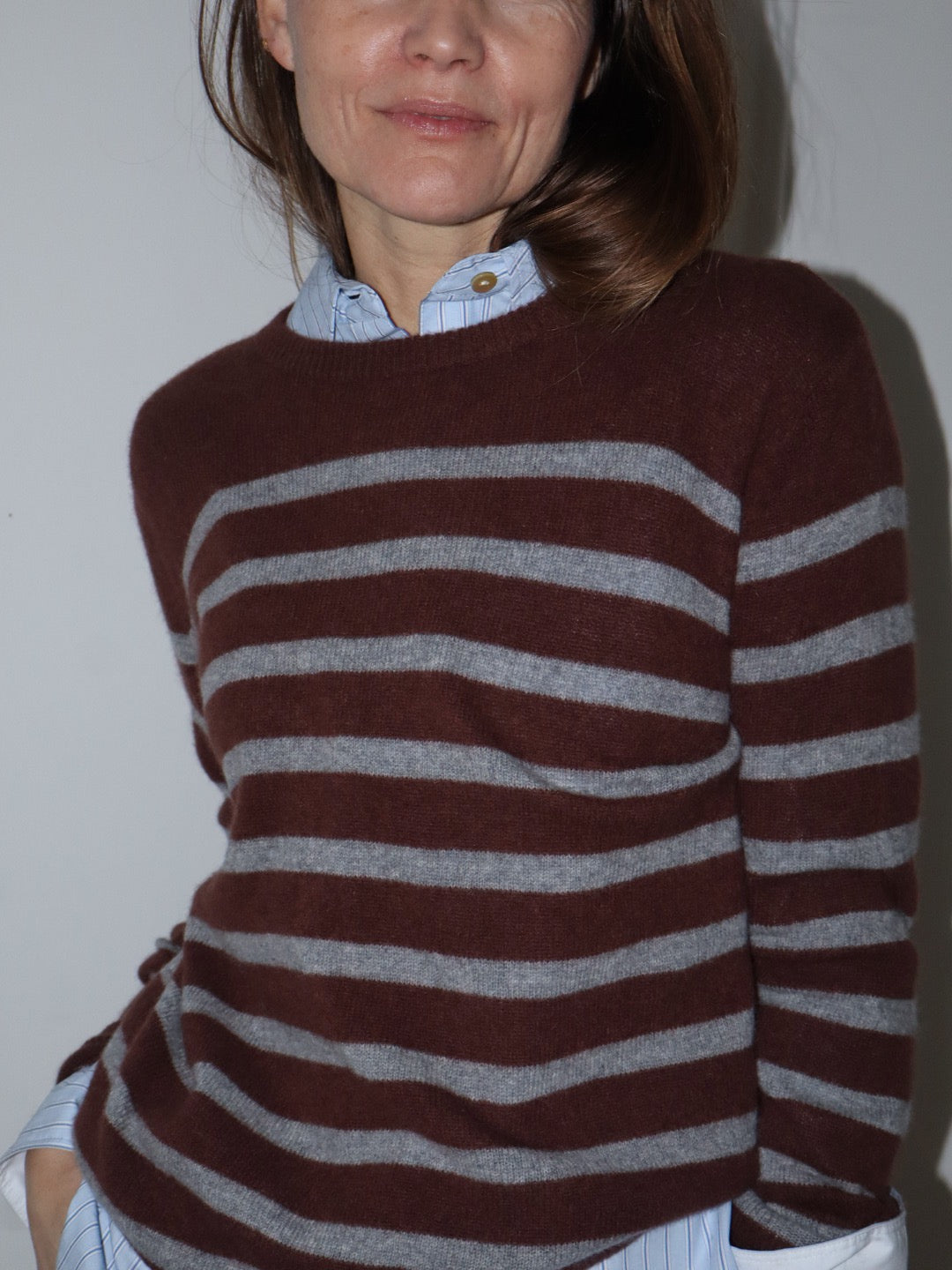 Beta Studios Bibi striped O-neck Cashmere Tops Dark Brown/Grey Melange