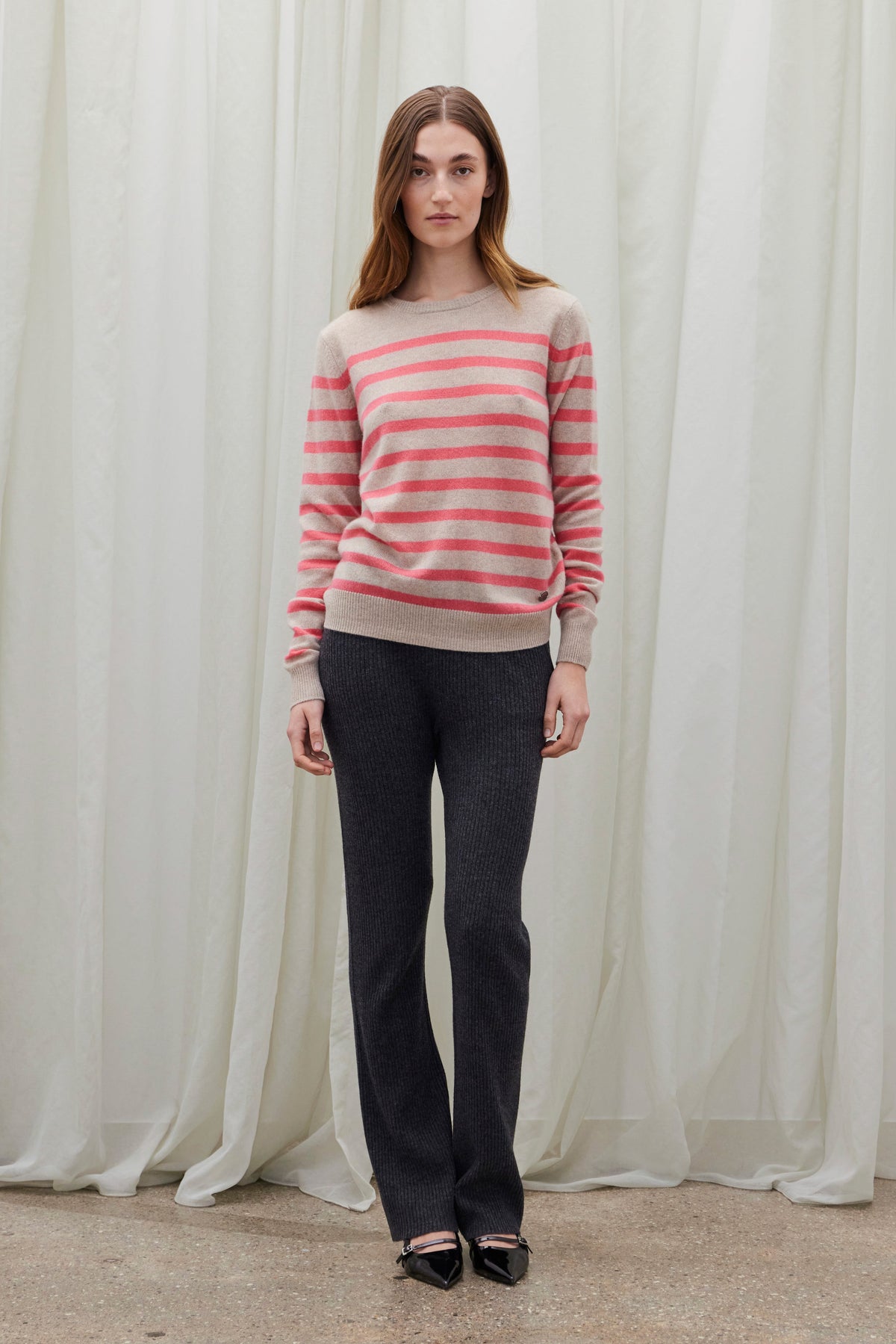 Beta Studios Bibi striped O-neck Cashmere Tops Sand Melange/Pink Limonade