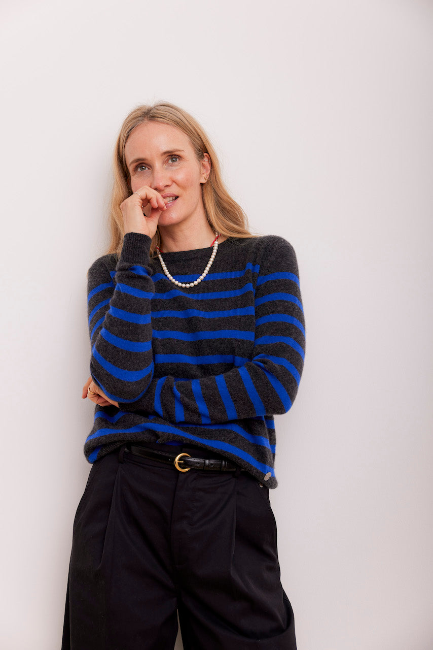 Beta Studios Bibi striped O-neck Cashmere Tops Anthracite Grey/Azura Blue