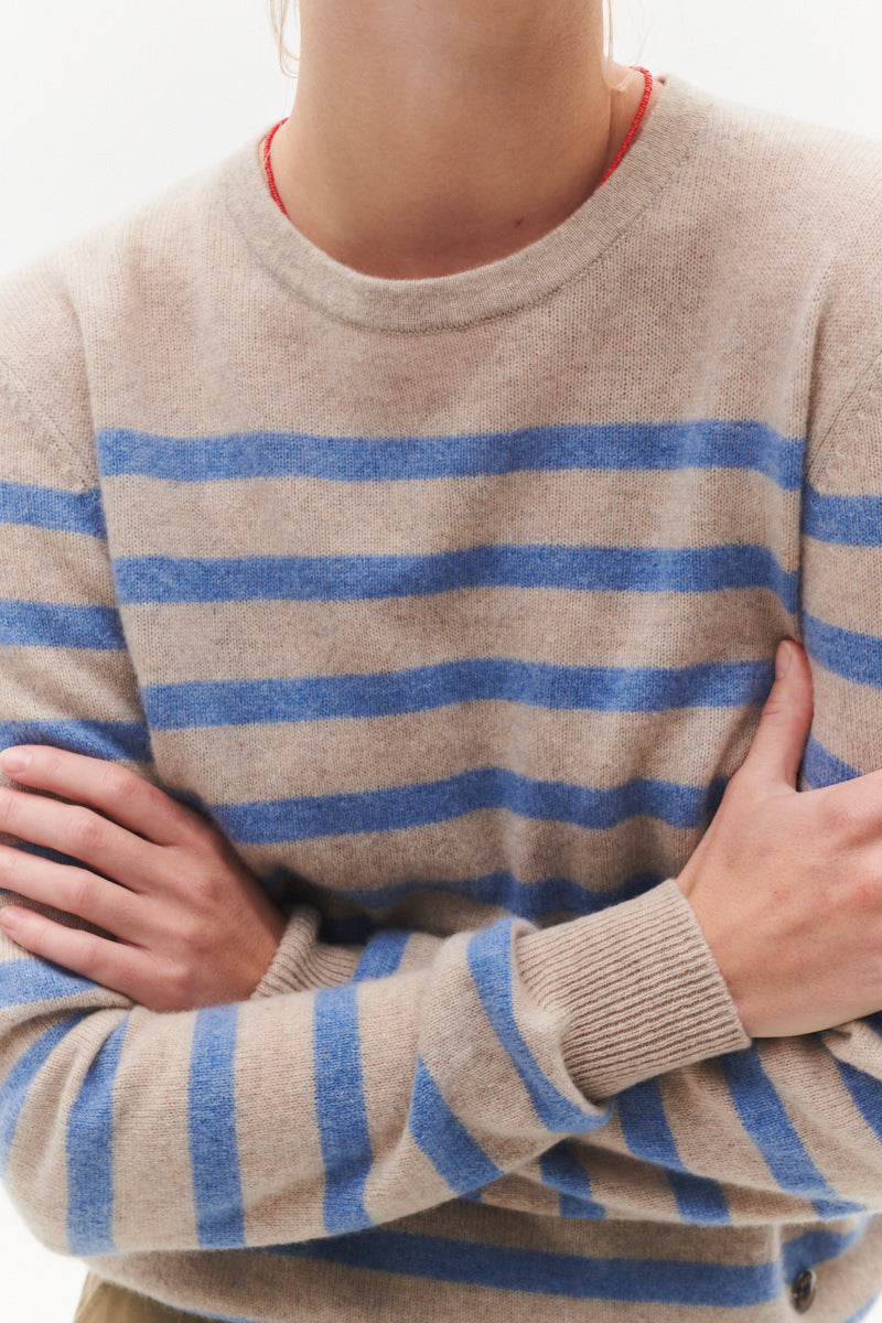 Beta Studios Bibi striped O-neck Cashmere Tops Sand Melange/Turtle Dove Blue