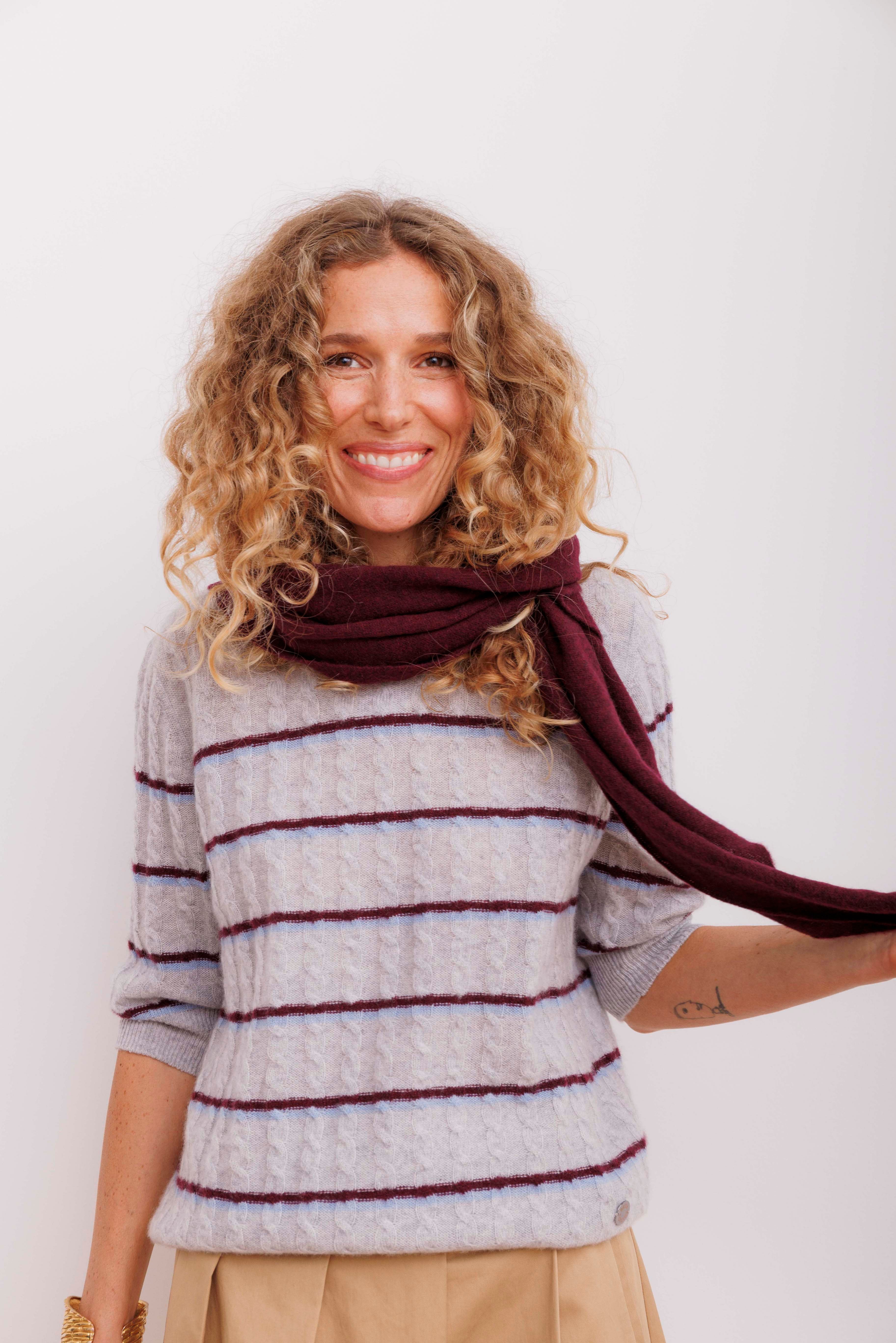 Beta Studios Kaya Stripe Lady Sleeve Cashmere Tops Light Grey Melange/Powder Blue/Eggplant