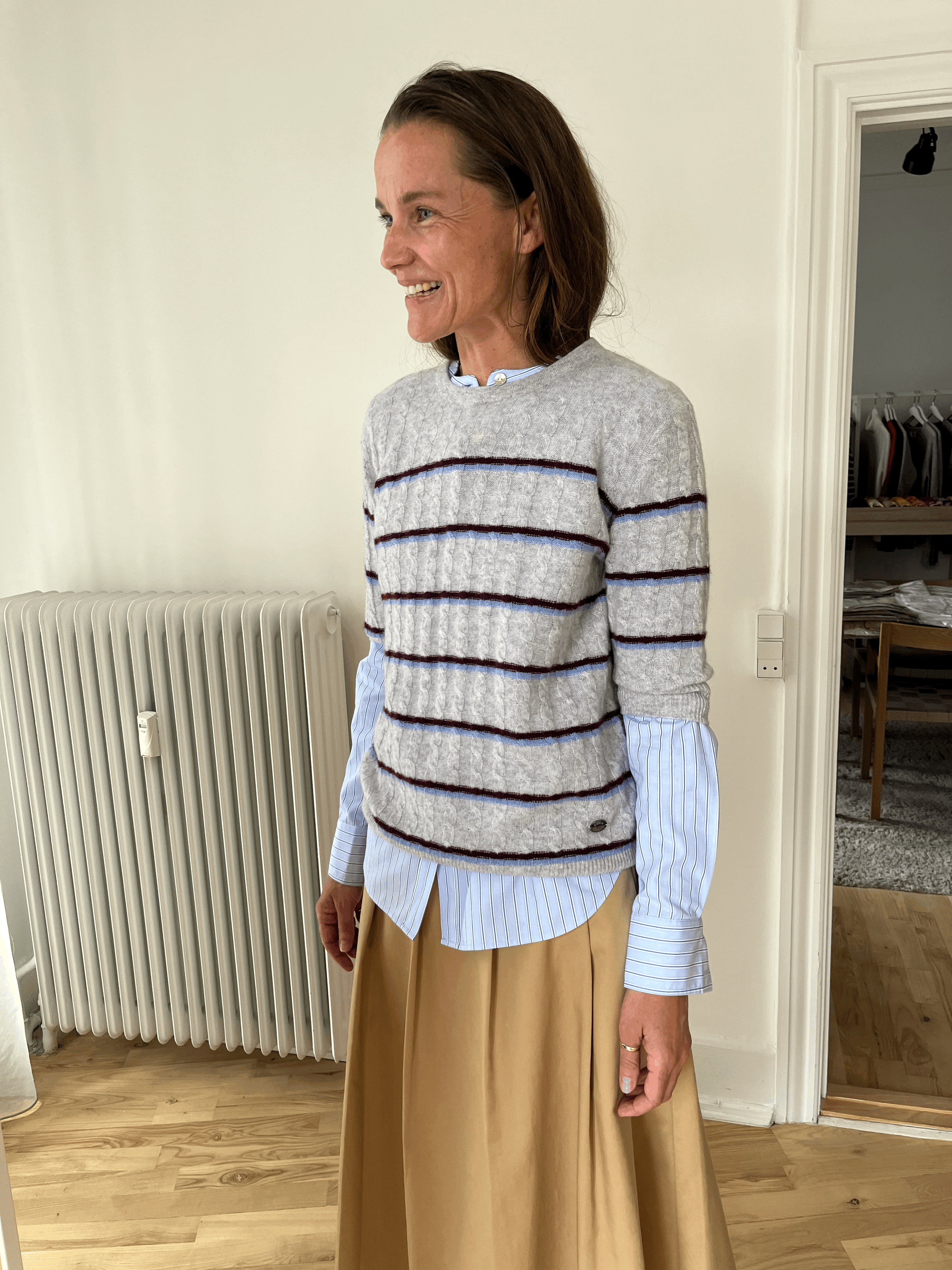 Beta Studios Kaya Stripe Lady Sleeve Cashmere Tops Light Grey Melange/Powder Blue/Eggplant