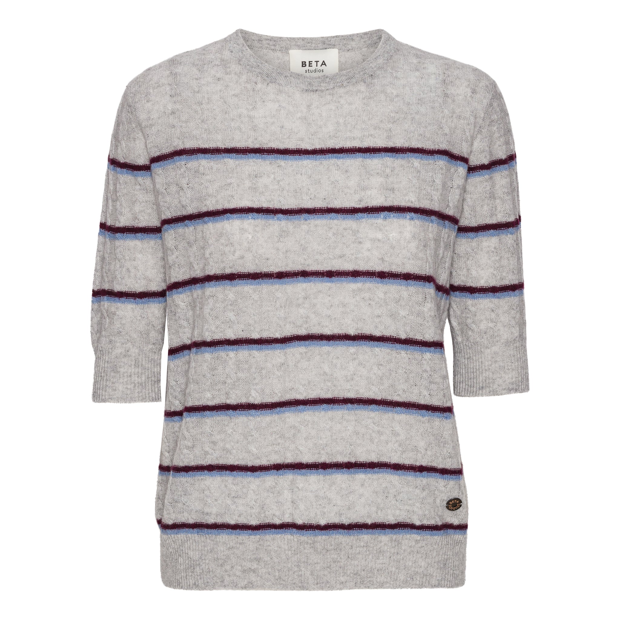 Beta Studios Kaya Stripe Lady Sleeve Cashmere Tops Light Grey Melange/Powder Blue/Eggplant