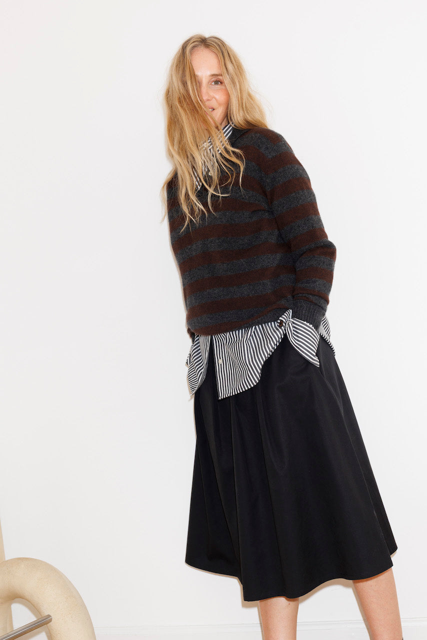 Beta Studios Lizzie Polo Stripes Cashmere Tops Anthracite Grey/Coffee Brown