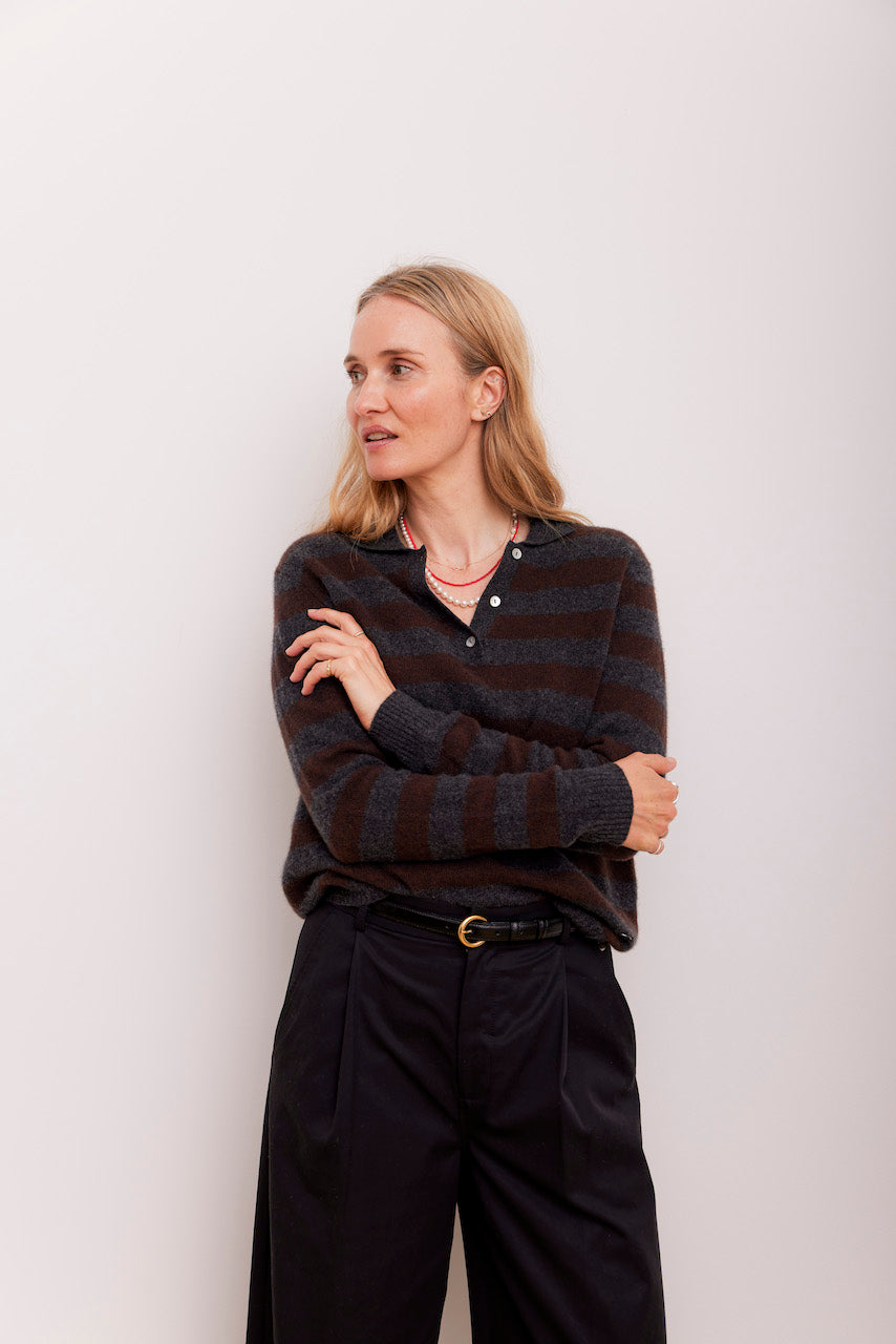 Beta Studios Lizzie Polo Stripes Cashmere Tops Anthracite Grey/Coffee Brown