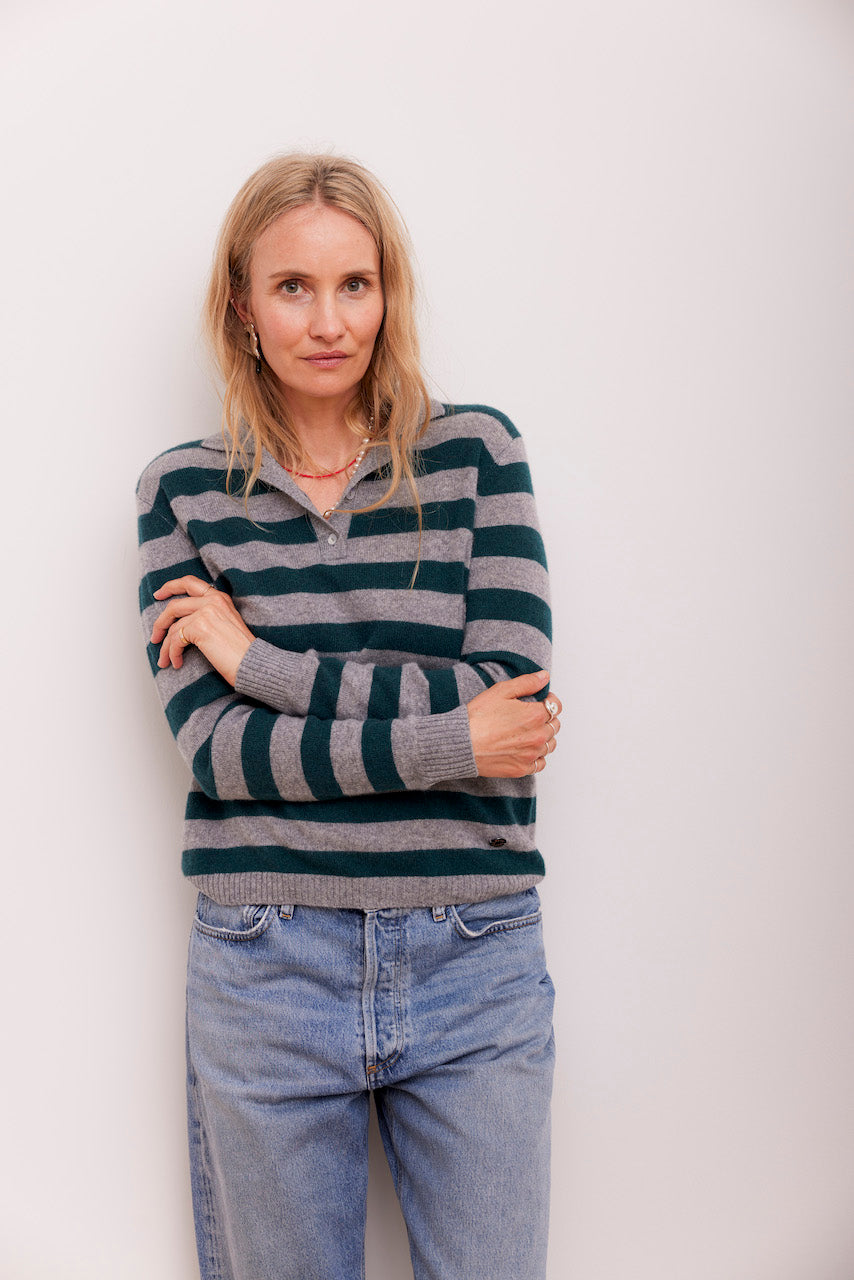 Beta Studios Lizzie Polo Stripes Cashmere Tops Grey Melange/Botanical Green
